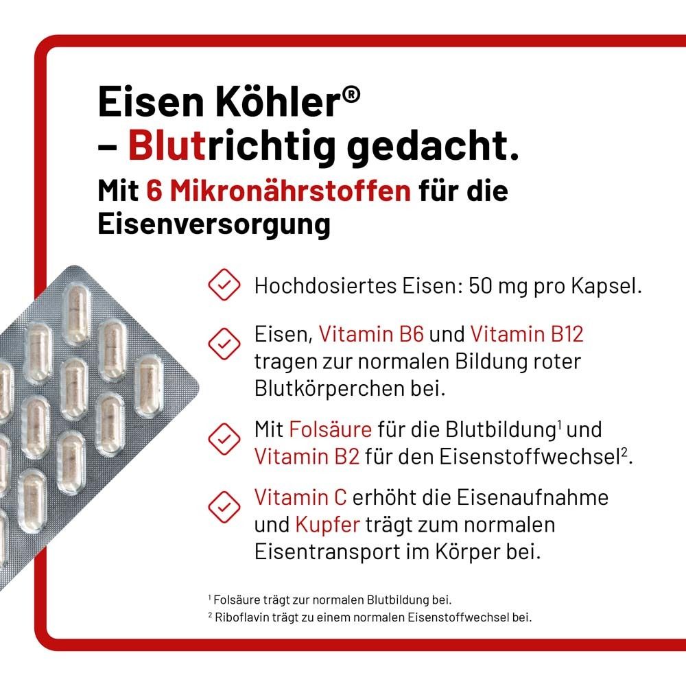 Text mit Produktinformationen zu Eisen Köhler®. Enthält 50 mg Eisen pro Kapsel, Vitamin B6, B12 und C.