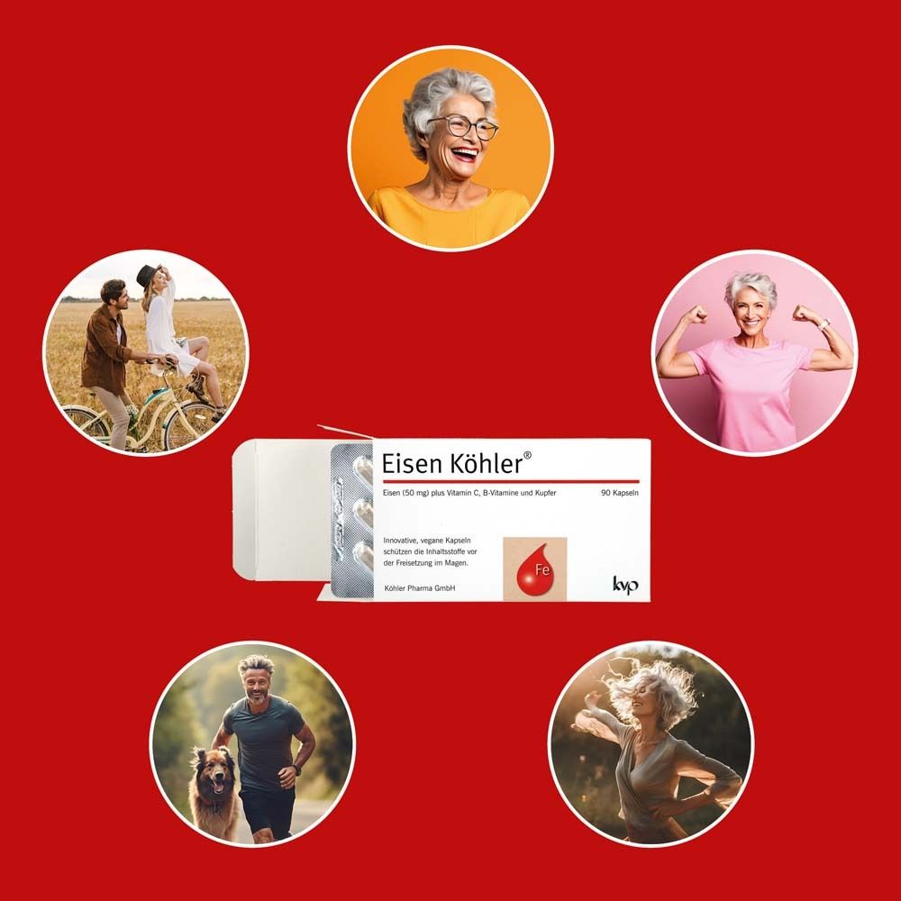 Verschiedene Personen umgeben eine Packung Eisen Köhler®. Produktabbildung mit Kapseln.