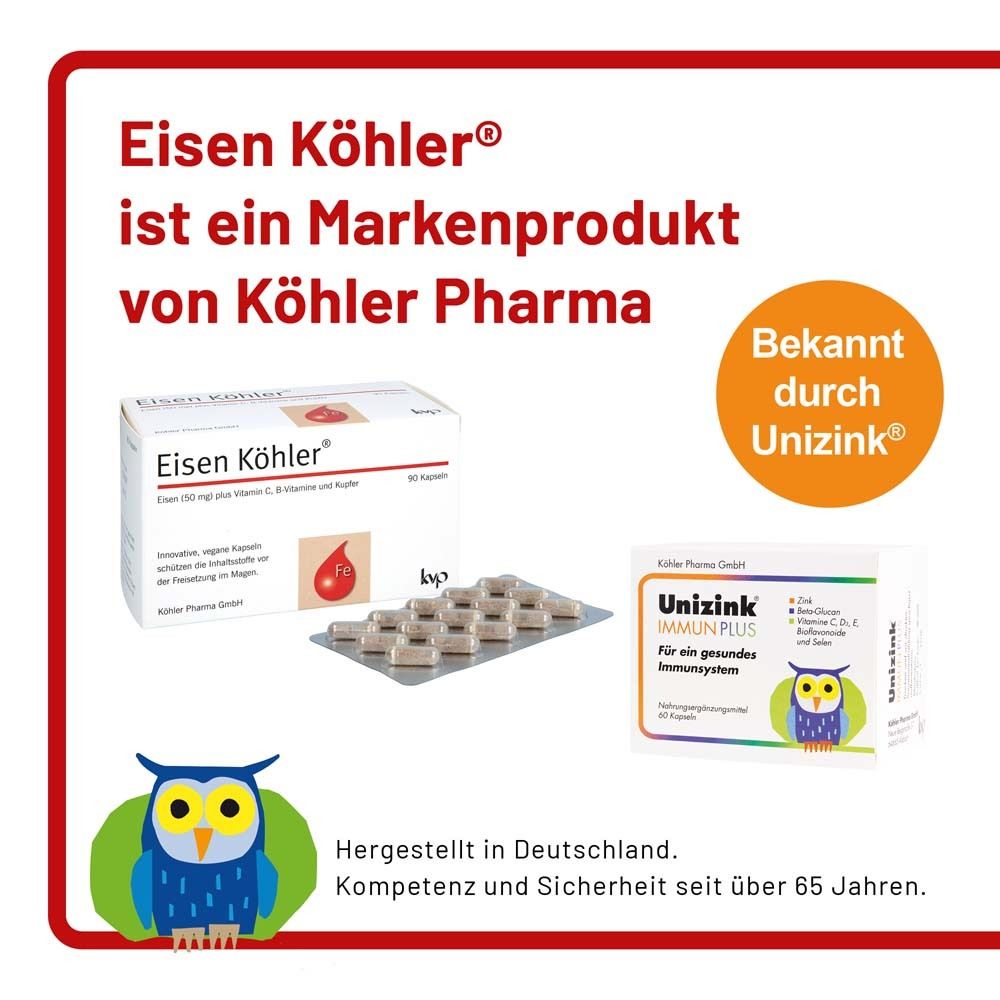 Produktabbildung mit Eisen Köhler® und Unizink Immun Plus. Text: Markenprodukt von Köhler Pharma.