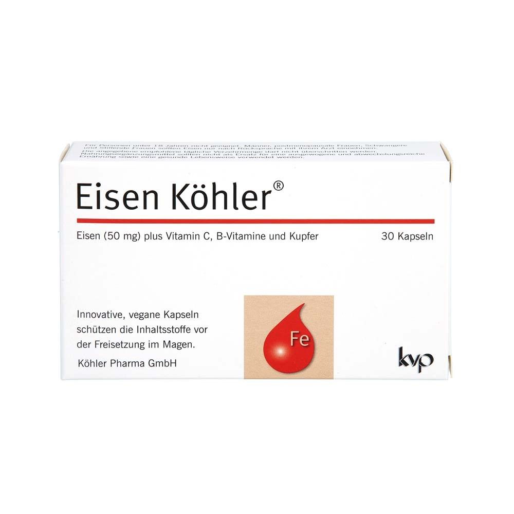 Weiße Schachtel mit rotem Streifen. Aufschrift: Eisen Köhler®. 30 Kapseln. Roter Tropfen mit Fe-Symbol.