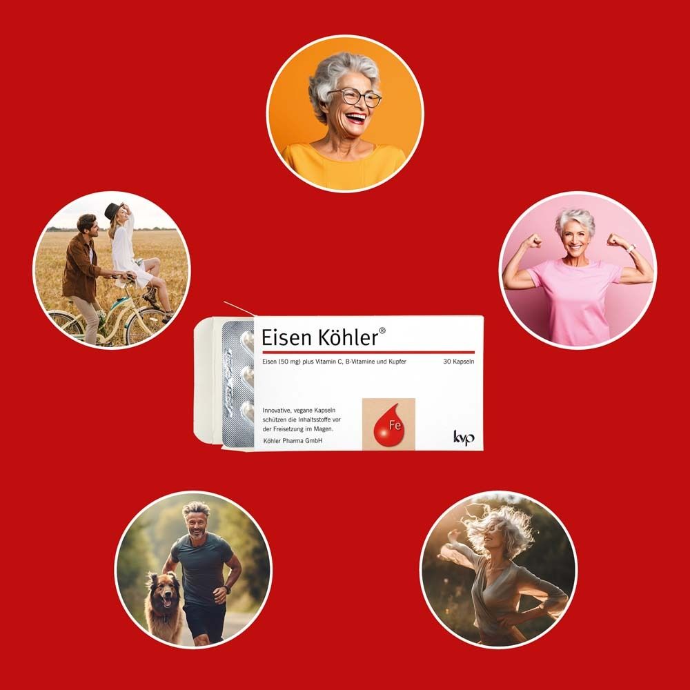 Verschiedene Personen. Eisen Köhler® Packung und Kapseln. Roter Hintergrund. Für Eisenversorgung.