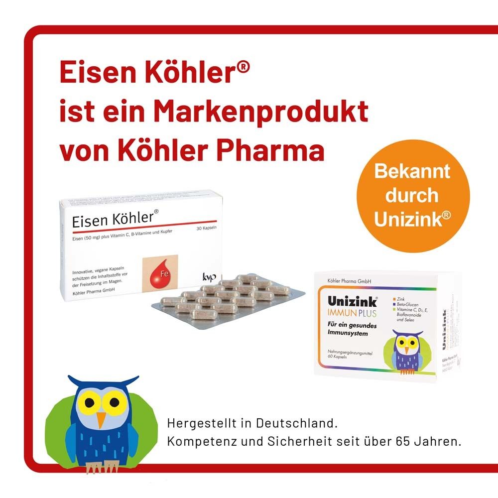 Eisen Köhler® ist ein Markenprodukt von Köhler Pharma. Abgebildet: Packung und Kapseln, Unizink Immun Plus.