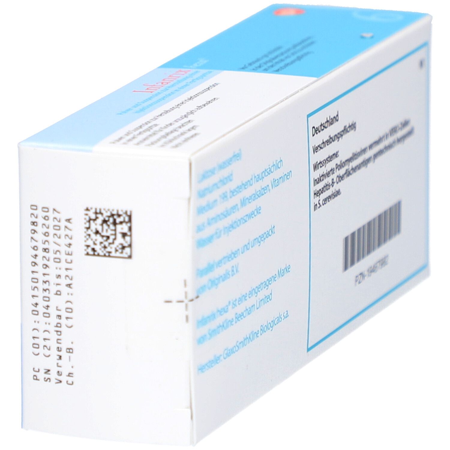 Seitenansicht des Infanrix hexa Kartons. Enthält Informationen über Inhaltsstoffe und Hersteller.