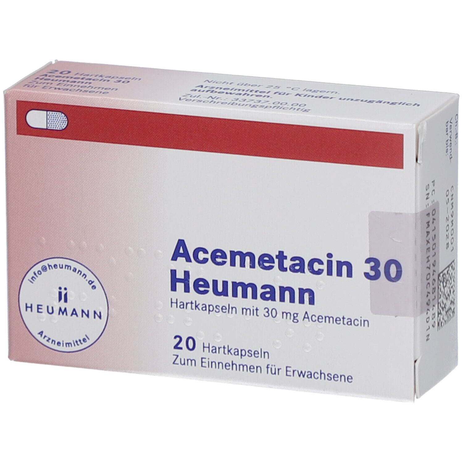 Schachtel ACEMETACIN 30 Heumann. 20 Hartkapseln. Aufschrift: Zum Einnehmen für Erwachsene. Logo Heumann. Weiße und rote Verpackung.