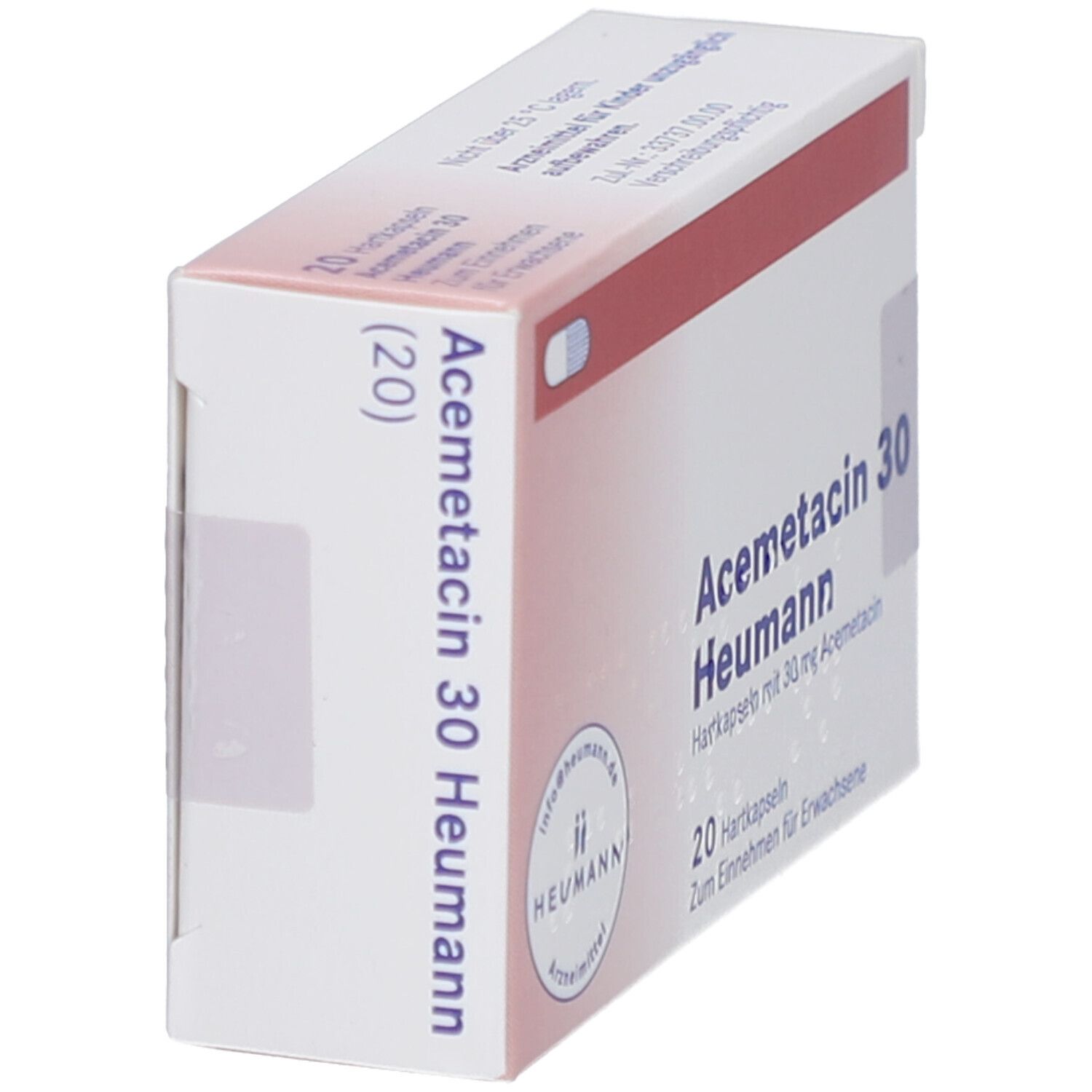Schachtel ACEMETACIN 30 Heumann, schräg. 20 Hartkapseln. Logo Heumann. Weiße und rote Verpackung. Text: Für Erwachsene.