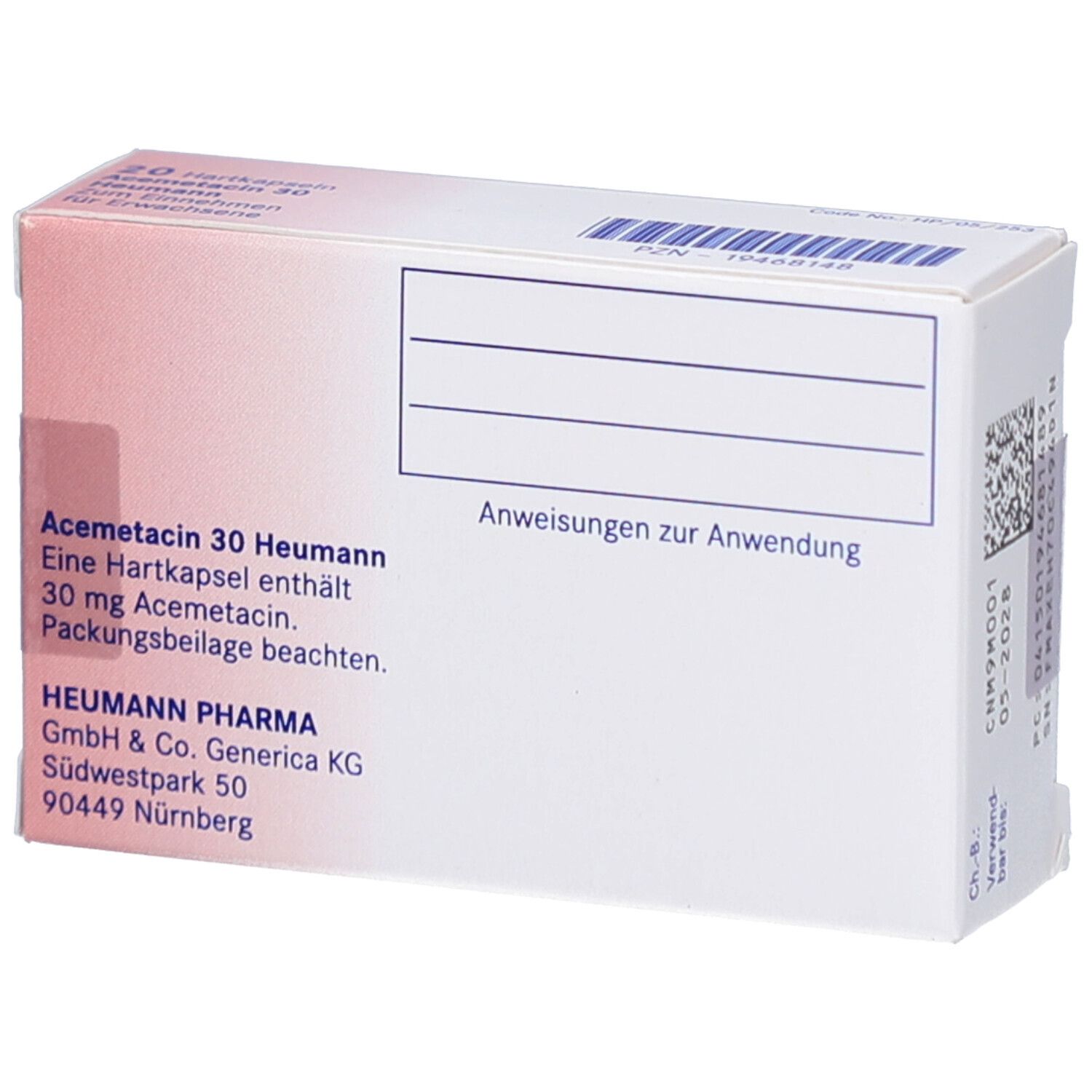 Rückseite der Schachtel ACEMETACIN 30 Heumann. Text: Eine Hartkapsel enthält 30 mg Acemetacin. Heumann Pharma. Barcode.