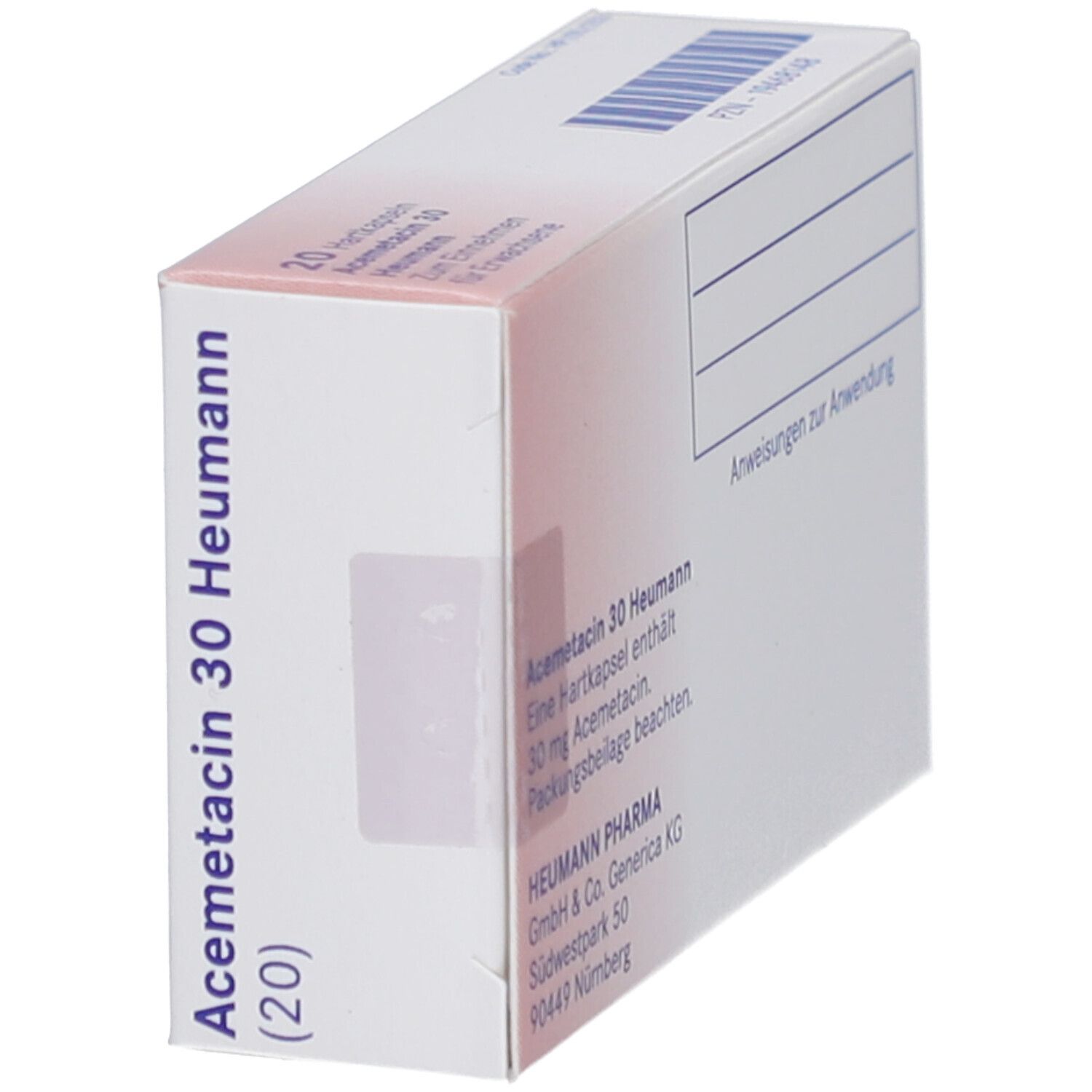 Schachtel ACEMETACIN 30 Heumann, schräg. Text: Eine Hartkapsel enthält 30 mg Acemetacin. Heumann Pharma. Barcode.