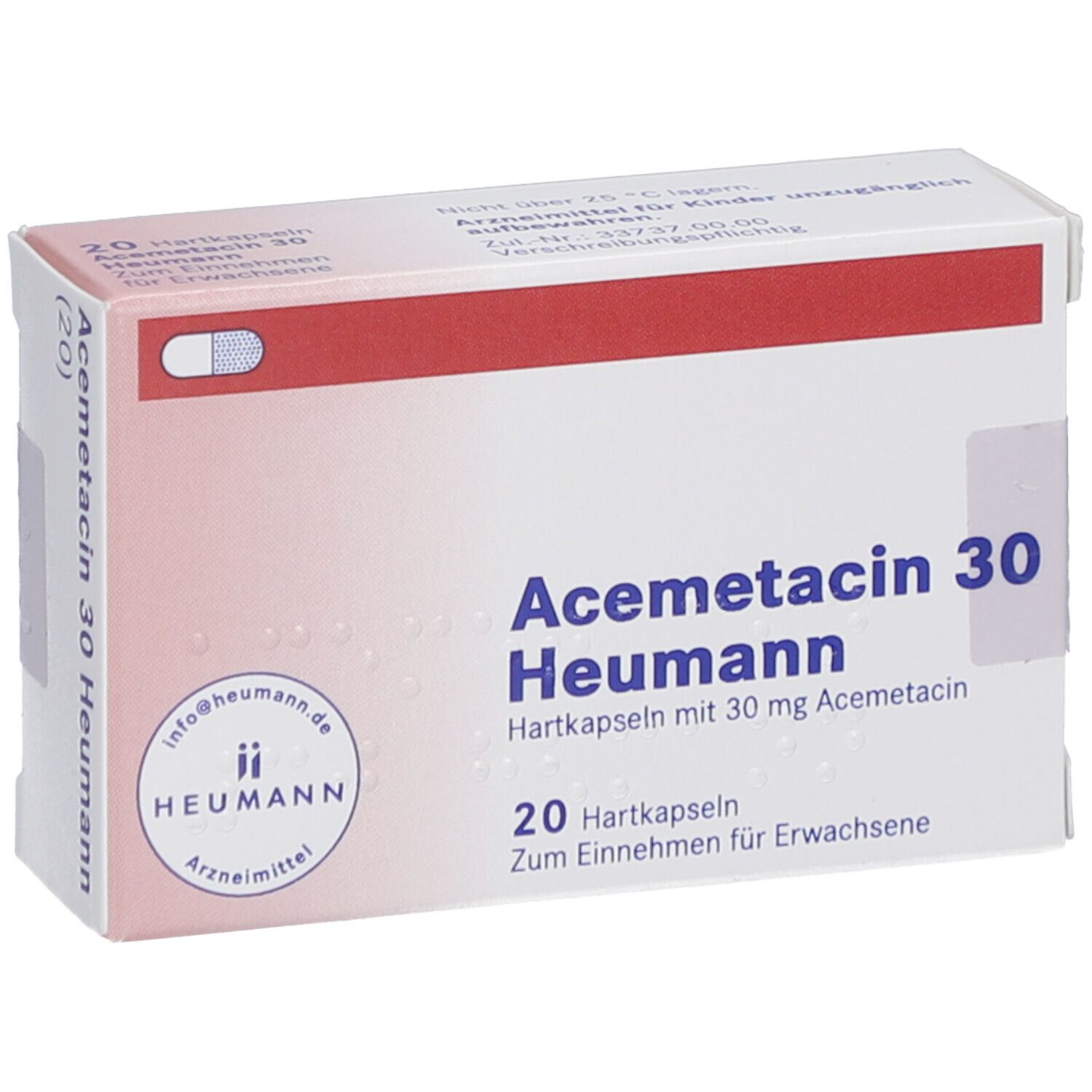 Schachtel ACEMETACIN 30 Heumann. 20 Hartkapseln. Aufschrift: Zum Einnehmen für Erwachsene. Logo Heumann. Weiße und rote Verpackung.