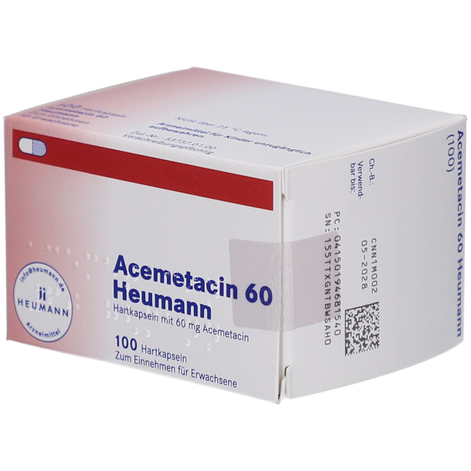 Weiß-rote Schachtel mit "Acemetacin 60 Heumann" und "100 Hartkapseln". Enthält 60 mg Acemetacin. Heumann-Logo.