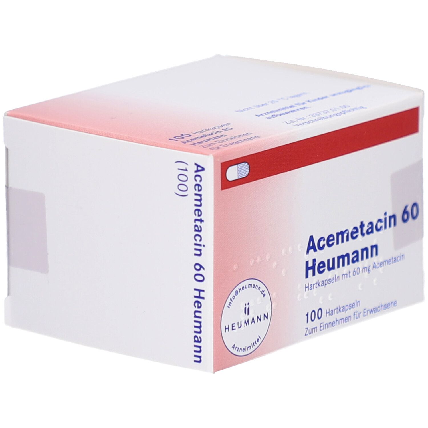 Schachtel "Acemetacin 60 Heumann" mit rotem Streifen. Enthält 100 Hartkapseln. Heumann-Logo. Text in Deutsch.
