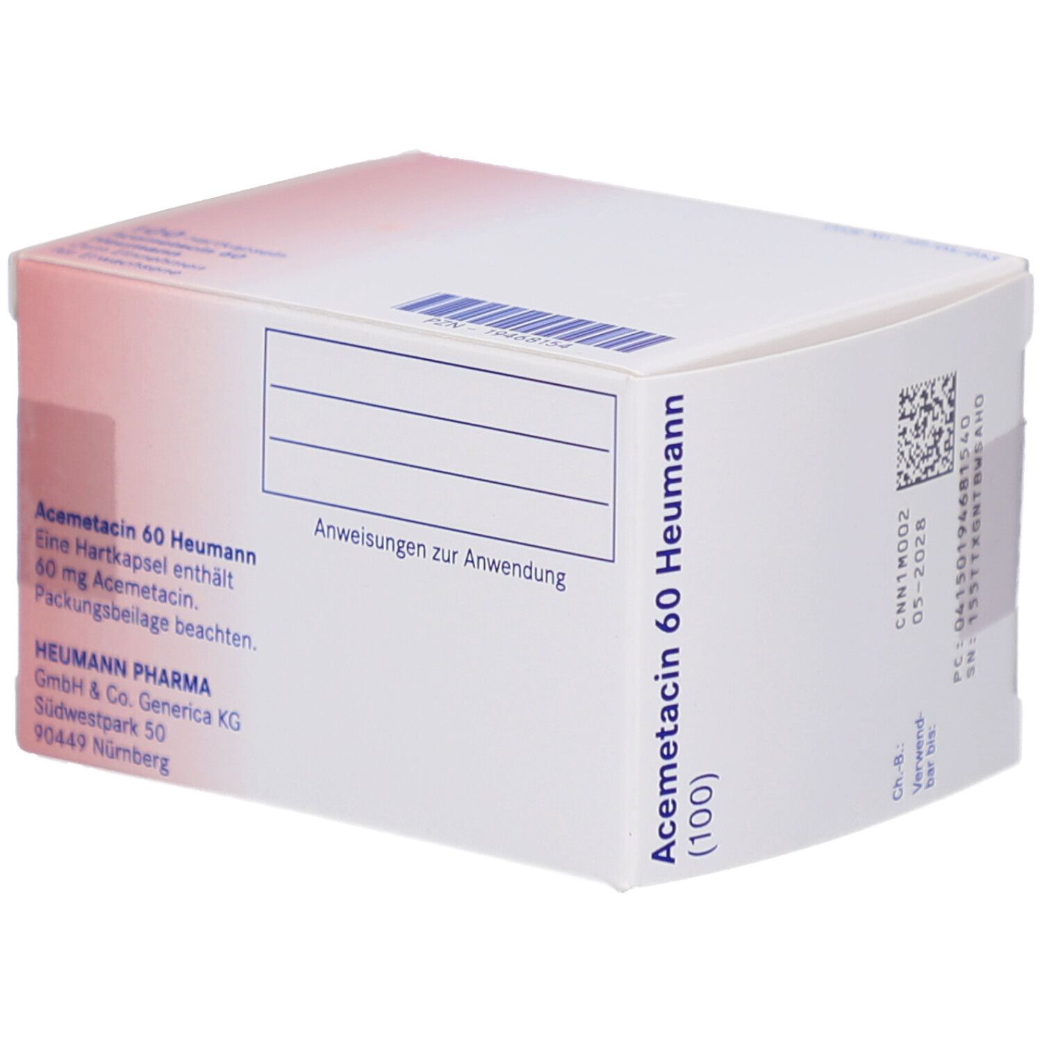 Schachtel "Acemetacin 60 Heumann" mit Text und Barcode. Enthält 100 Hartkapseln. Heumann Pharma.