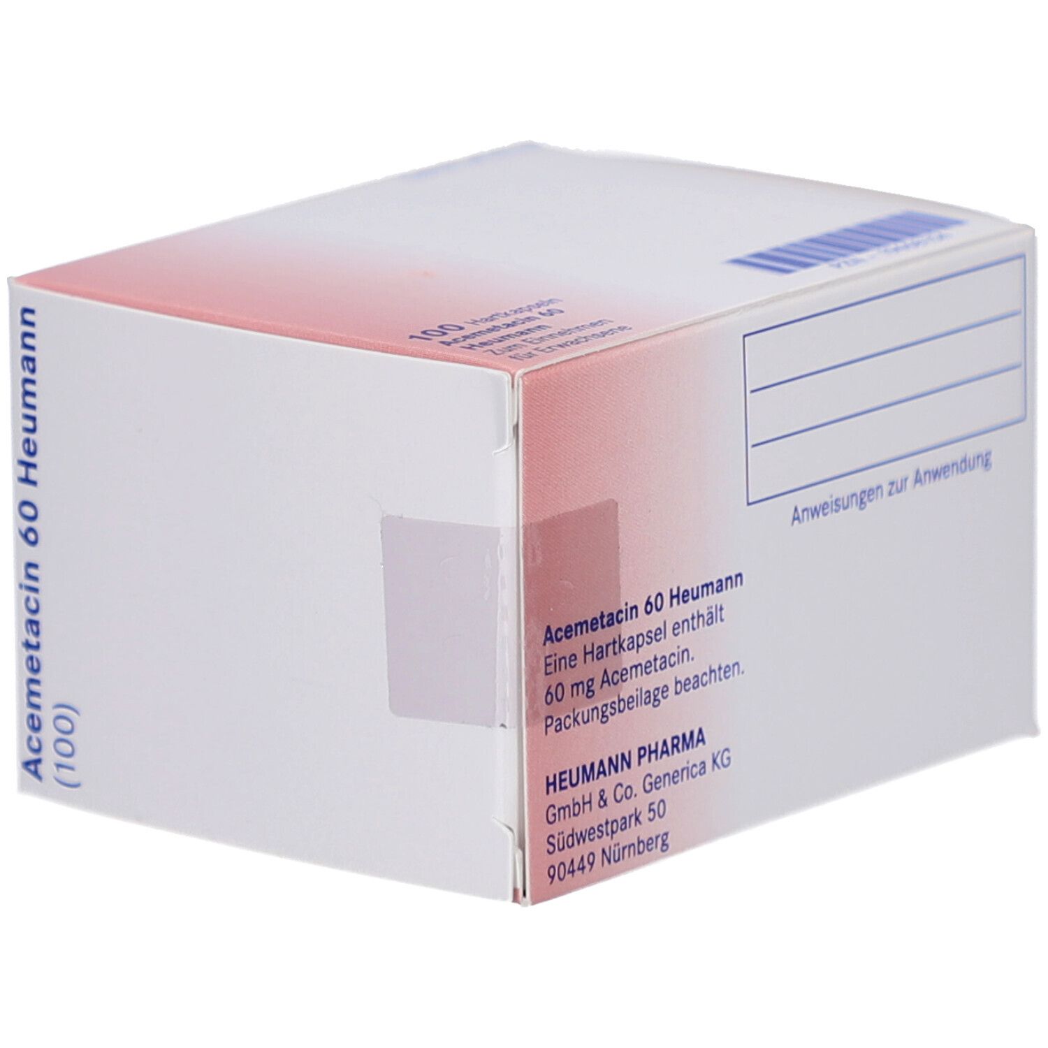 Schachtel "Acemetacin 60 Heumann" mit rotem Streifen. Enthält 100 Hartkapseln. Heumann Pharma.