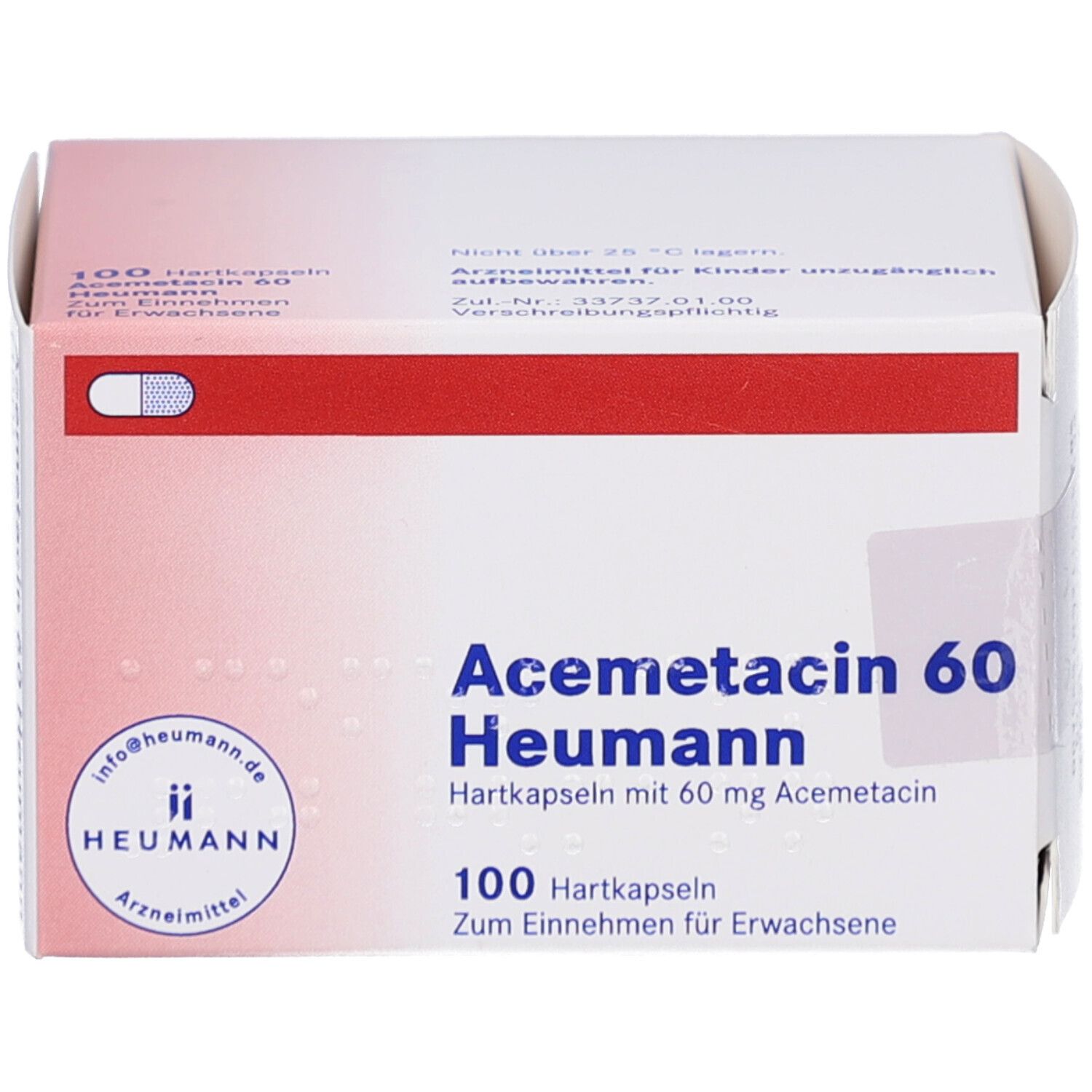 Schachtel "Acemetacin 60 Heumann" mit 100 Hartkapseln. Enthält 60 mg Acemetacin. Heumann-Logo.