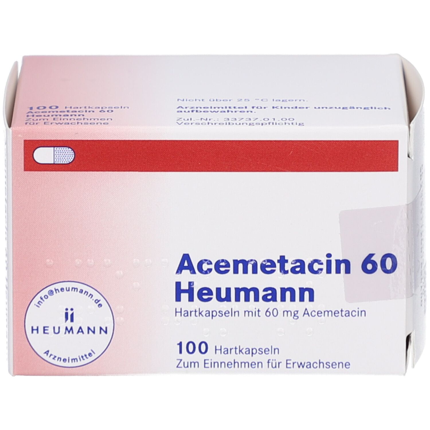 Schachtel "Acemetacin 60 Heumann" mit 100 Hartkapseln. Enthält 60 mg Acemetacin. Heumann-Logo.