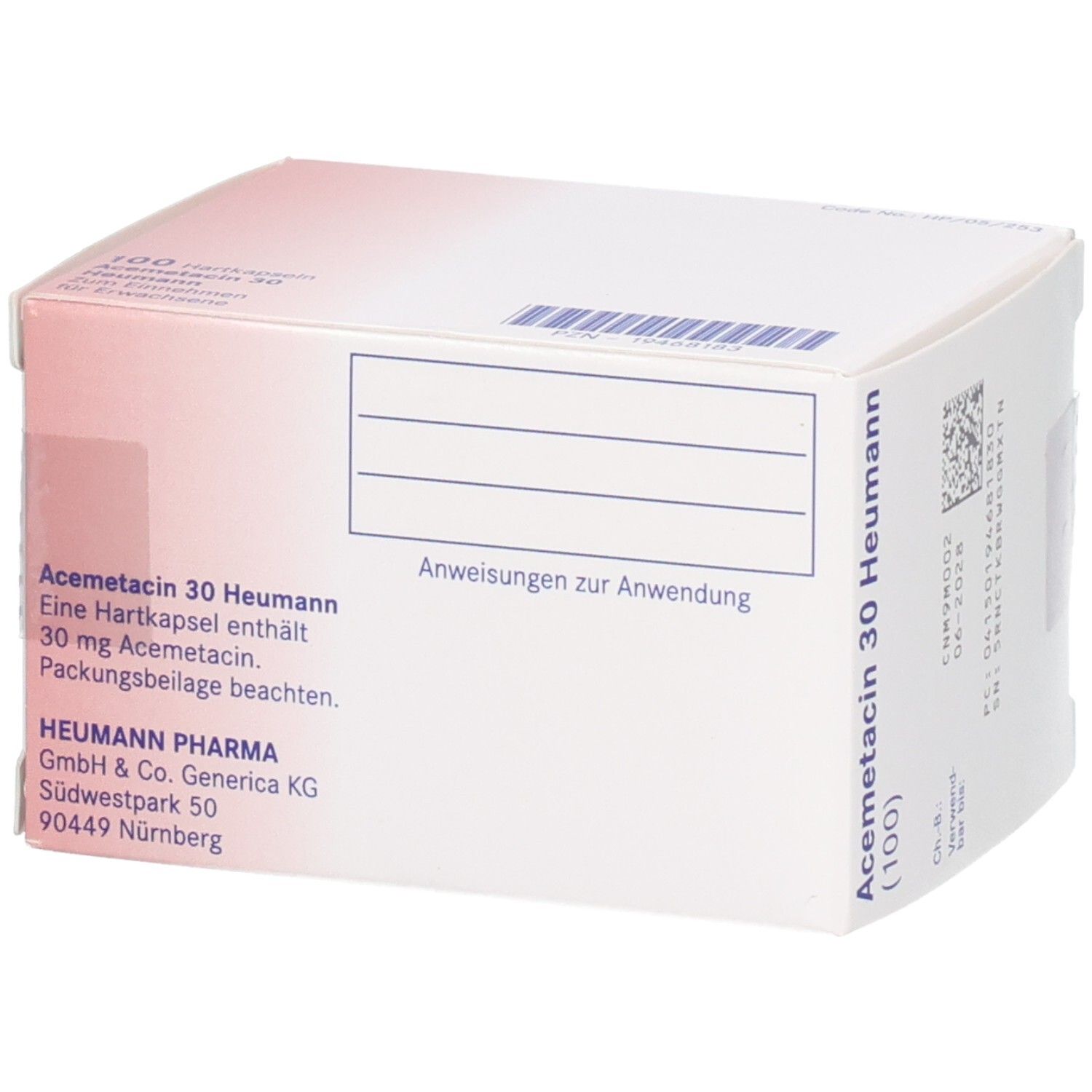 Weiße Schachtel mit rotem Farbverlauf. Aufschrift: Acemetacin 30 Heumann (100). Text: Anweisungen zur Anwendung. Heumann Pharma.