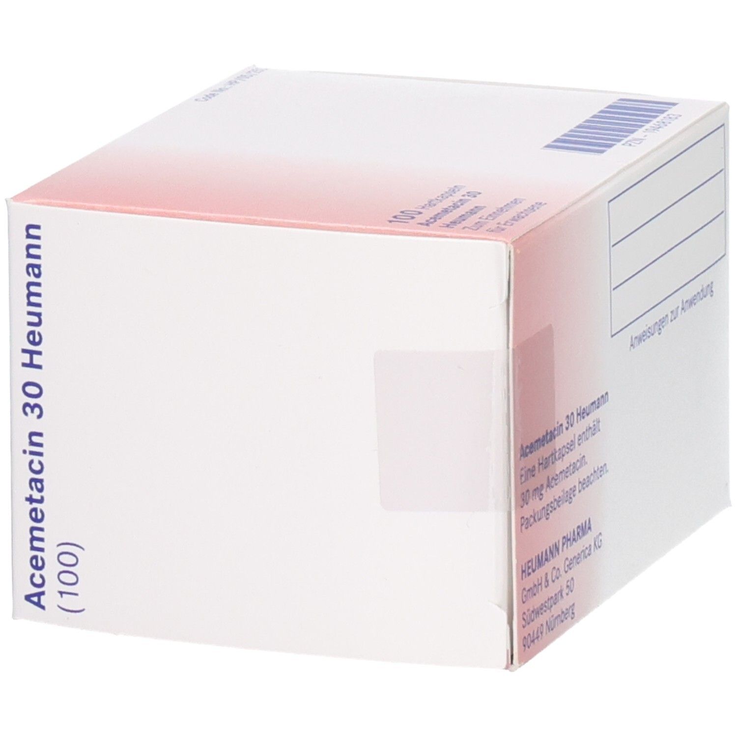 Weiße Schachtel mit rotem Farbverlauf. Aufschrift: Acemetacin 30 Heumann (100). Text: Anweisungen zur Anwendung.