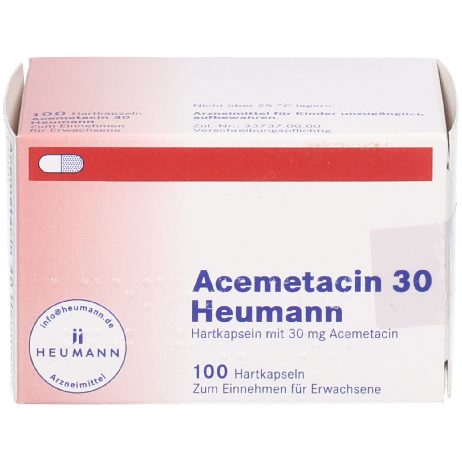 Weiße Schachtel mit rotem Streifen. Aufschrift: Acemetacin 30 Heumann, 100 Hartkapseln. Heumann Logo. Arzneimittel.