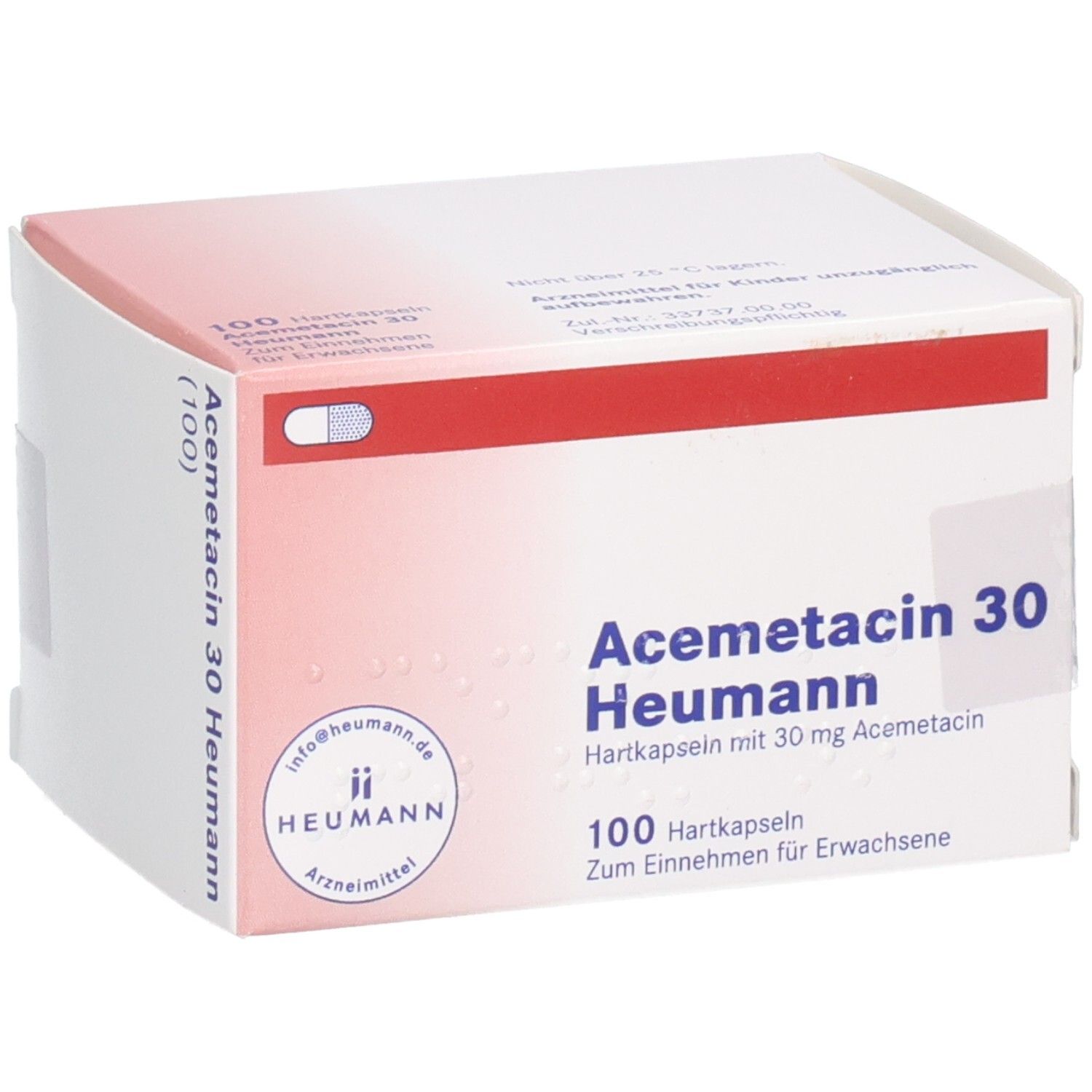 Weiße Schachtel mit rotem Streifen. Aufschrift: Acemetacin 30 Heumann, 100 Hartkapseln. Heumann Logo. Arzneimittel.
