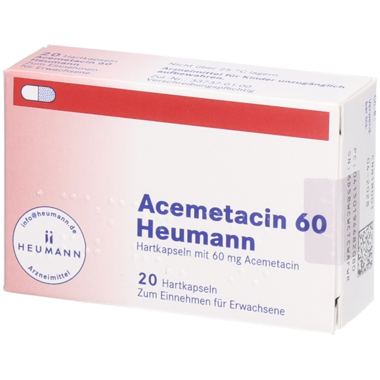 Schachtel mit Acemetacin 60 Heumann Hartkapseln. 20 Kapseln. Aufschrift: Zum Einnehmen für Erwachsene. Heumann Logo.