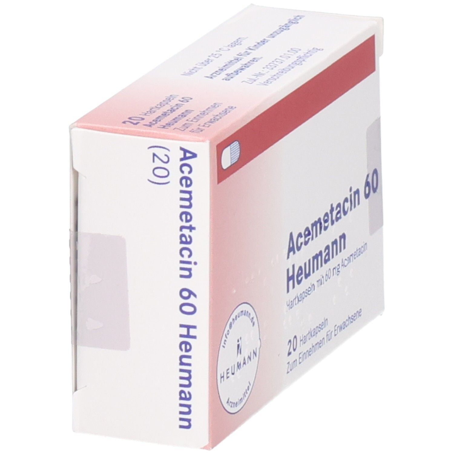 Schachtel Acemetacin 60 Heumann Hartkapseln. Seitenansicht. 20 Kapseln. Aufschrift: Zum Einnehmen für Erwachsene.