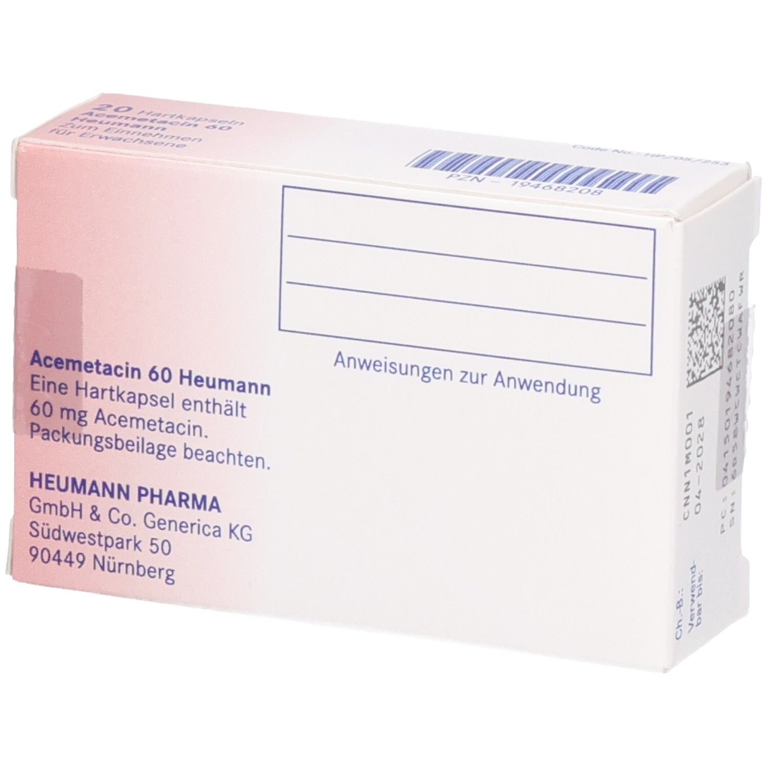 Rückseite der Schachtel Acemetacin 60 Heumann. Text: Enthält 60 mg Acemetacin. Hersteller: Heumann Pharma GmbH & Co. Generica KG.