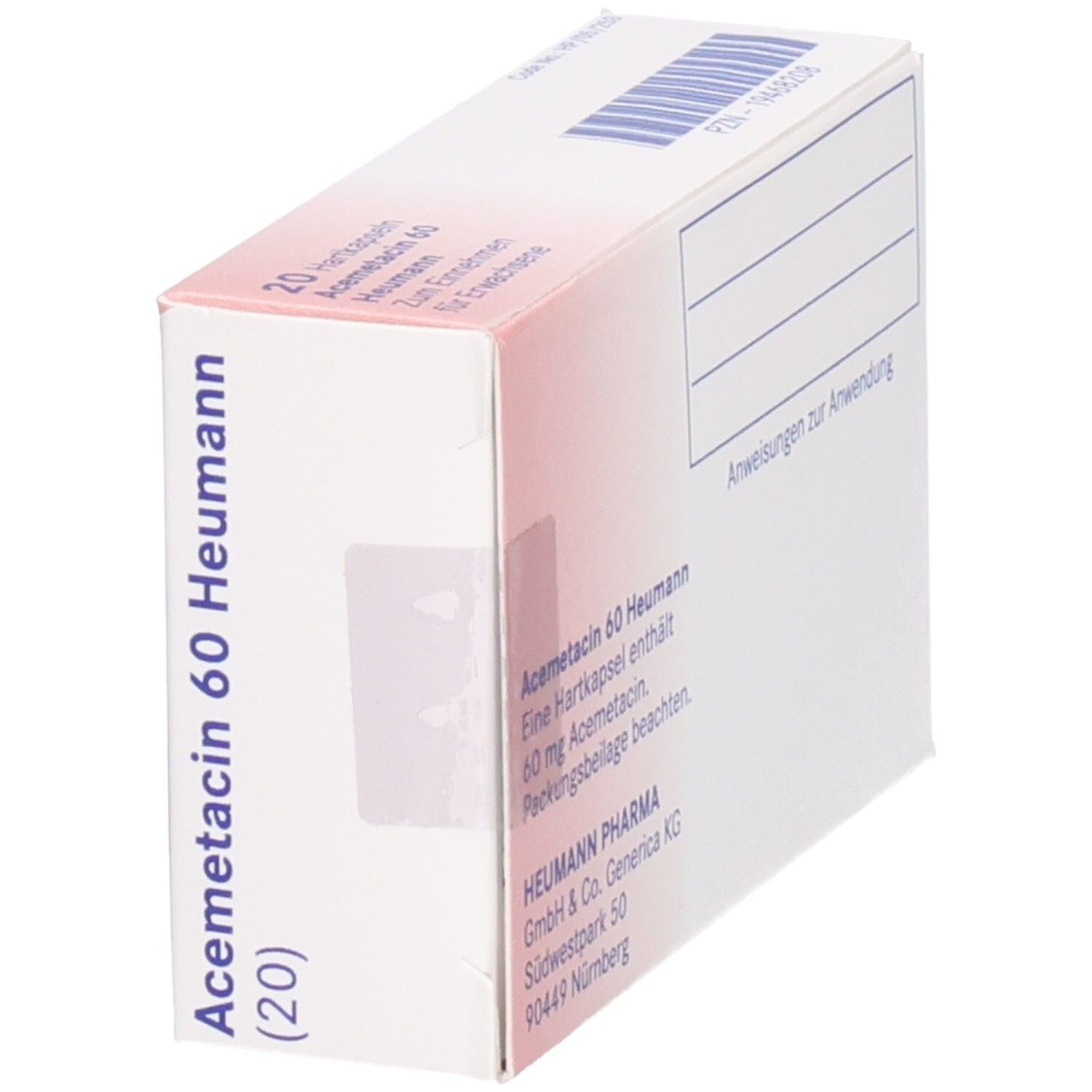 Seitenansicht der Schachtel Acemetacin 60 Heumann. Text: 20 Hartkapseln. Hersteller: Heumann Pharma GmbH & Co. Generica KG.