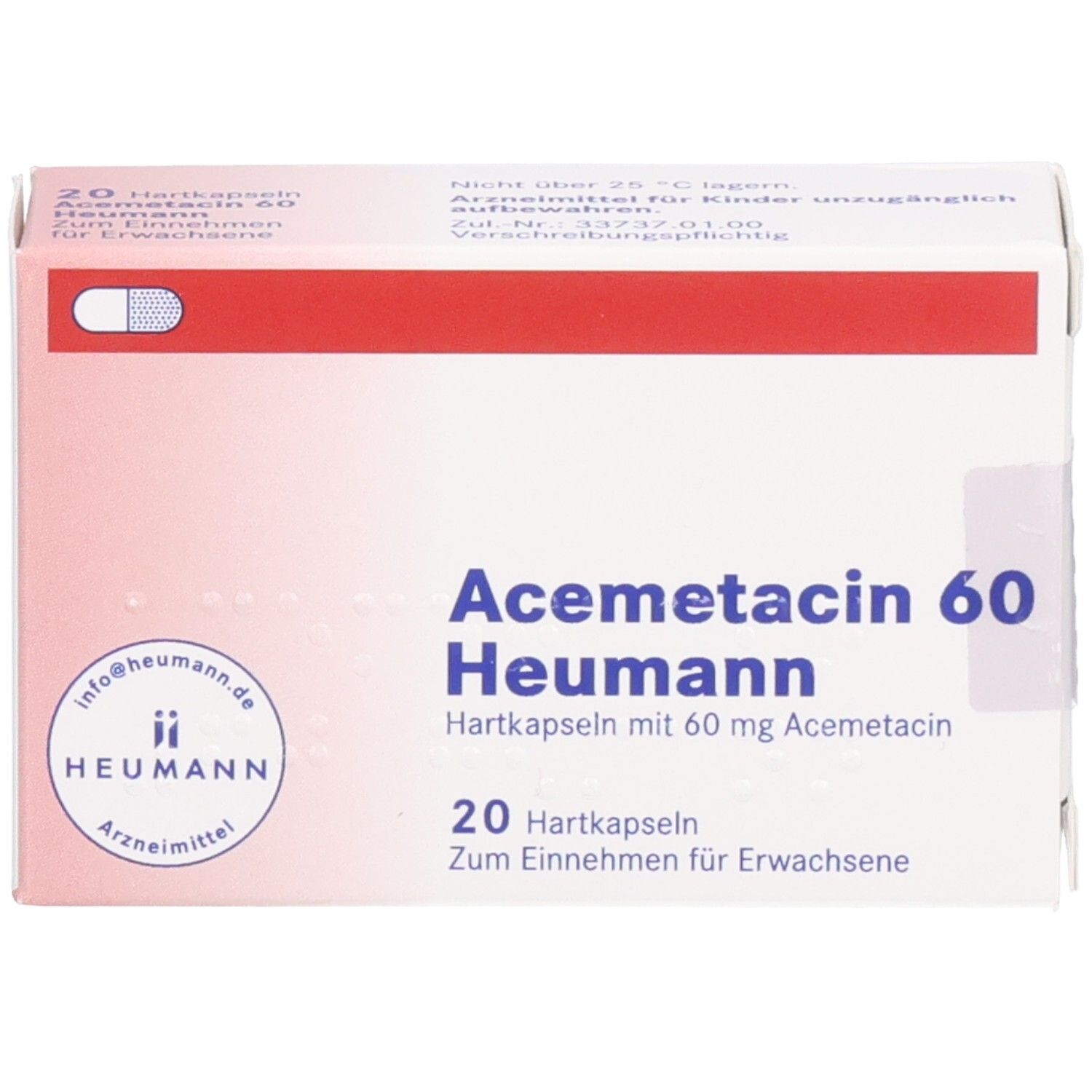 Schachtel mit Acemetacin 60 Heumann Hartkapseln. 20 Kapseln. Aufschrift: Zum Einnehmen für Erwachsene. Heumann Logo.