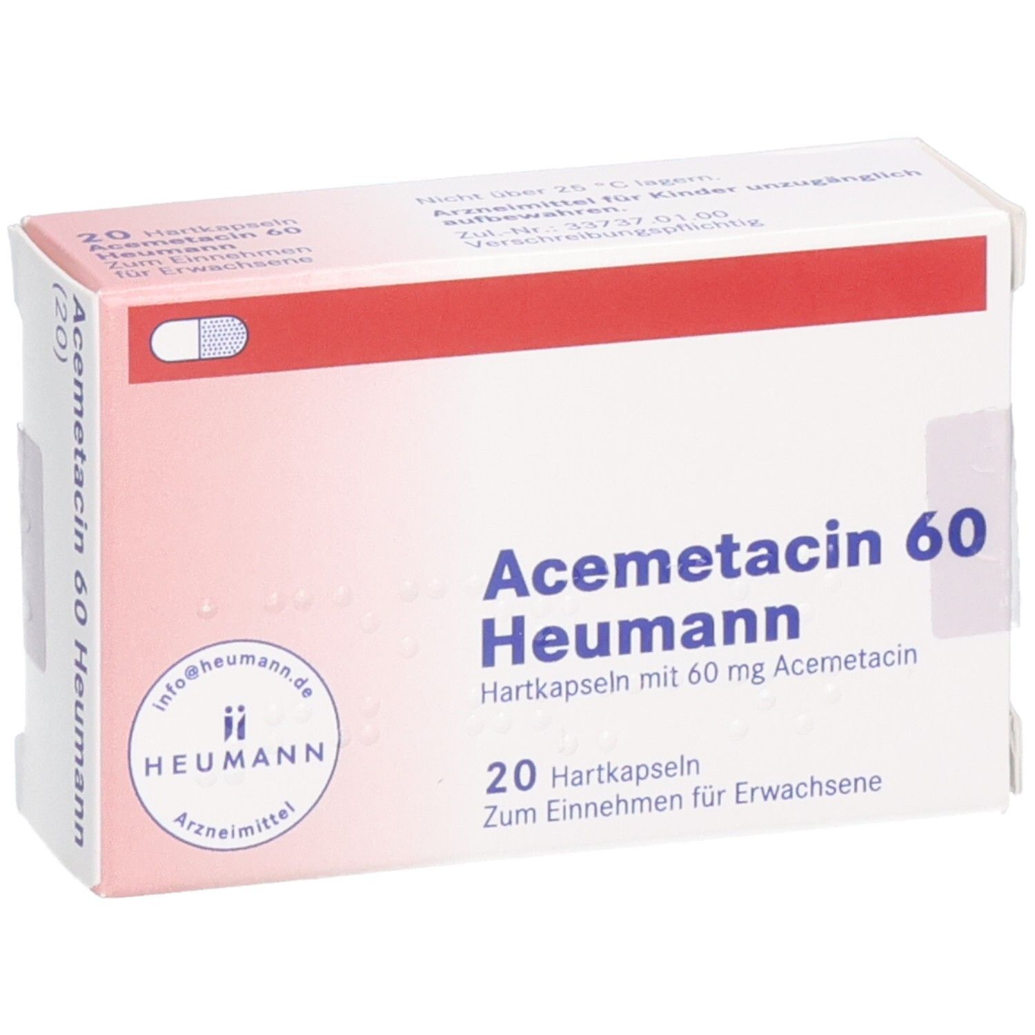 Schachtel mit Acemetacin 60 Heumann Hartkapseln. 20 Kapseln. Aufschrift: Zum Einnehmen für Erwachsene. Heumann Logo.