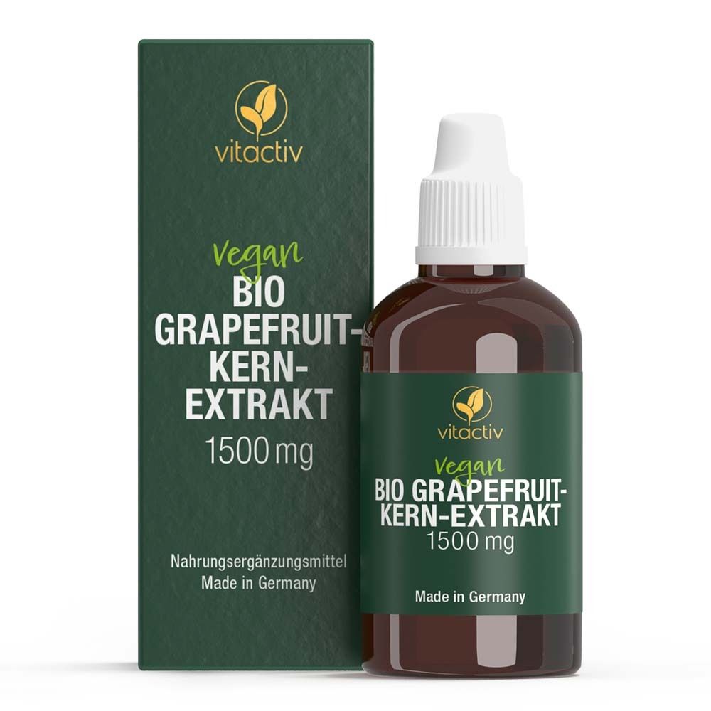 Braune Flasche und grüne Verpackung. Aufschrift: Vitactiv BIO GRAPEFRUIT-KERN-EXTRAKT 1500 mg. Vegan.