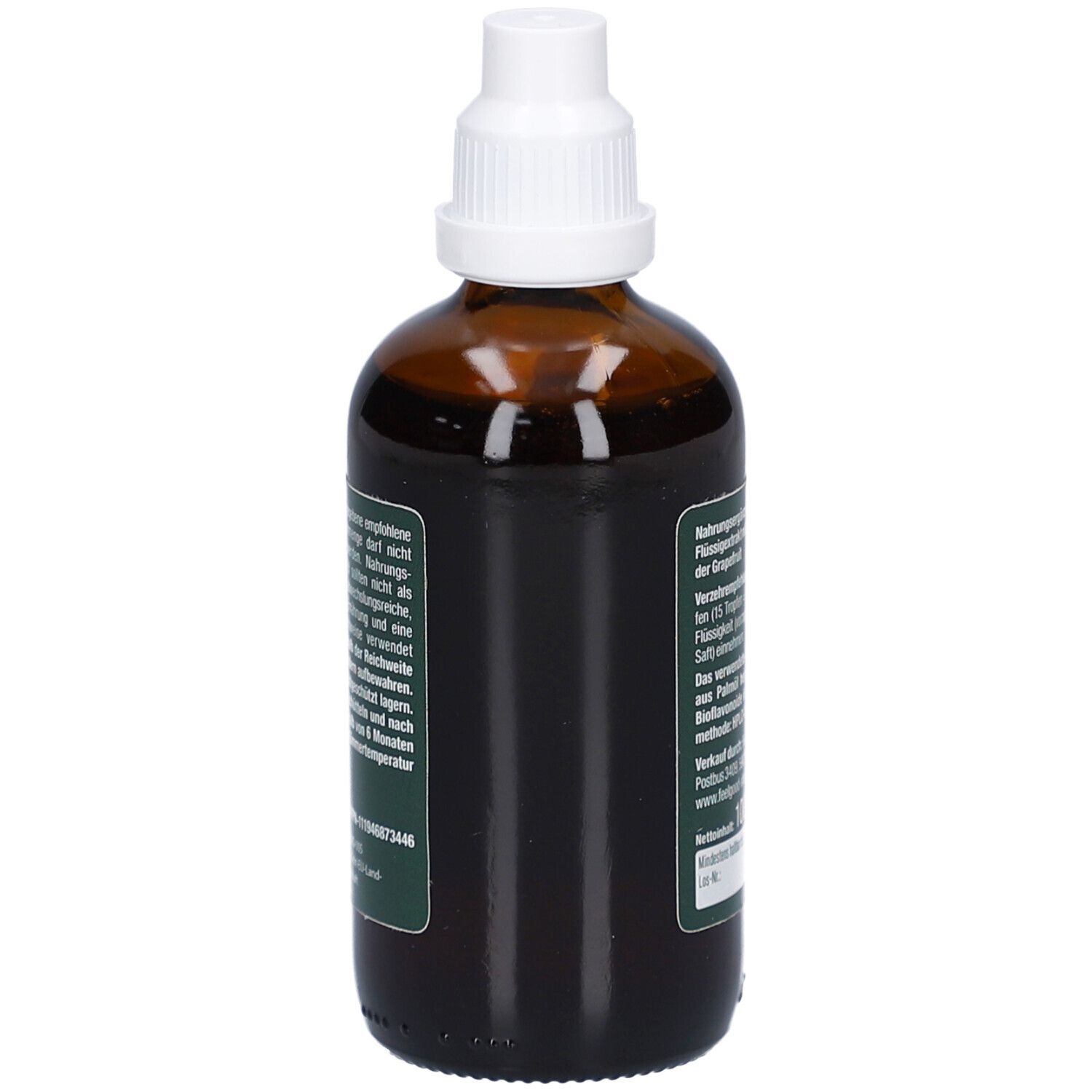 Braune Flasche. Text auf der Rückseite. Nahrungsergänzungsmittel. Haltbarkeit.