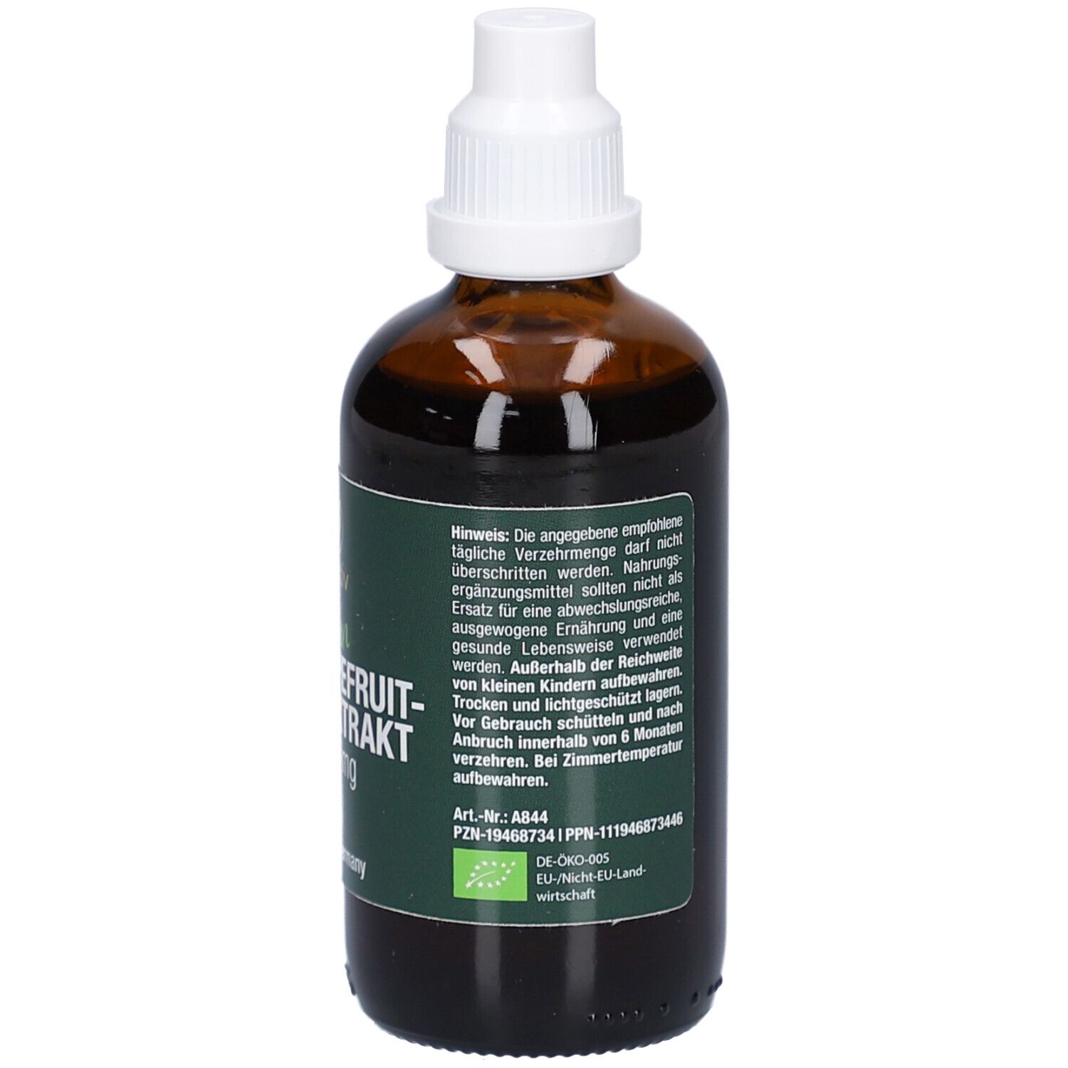 Braune Flasche. Text auf der Rückseite. Hinweise zur Anwendung und Lagerung.