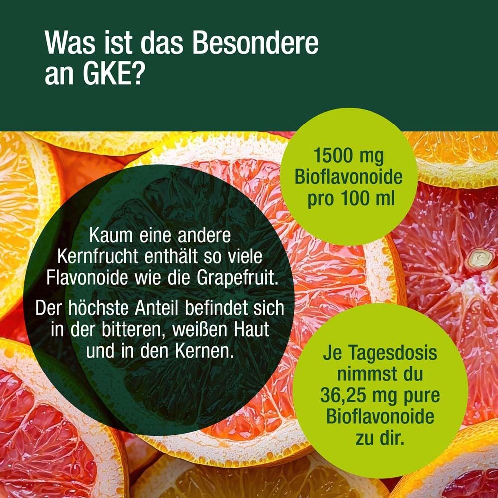Grapefruit-Hintergrund mit Text: 1500 mg Bioflavonoide pro 100 ml. Je Tagesdosis 36,25 mg reine Bioflavonoide.