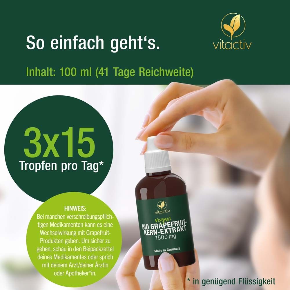Hände halten Flasche. Text: 3x15 Tropfen pro Tag. Hinweis: Wechselwirkungen mit Grapefruit-Produkten möglich.