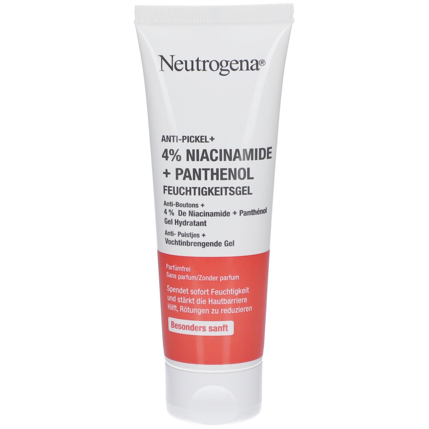 Neutrogena® Anti-Pickel+ Feuchtigkeitsgel Tube. Weiß, mit rotem Streifen. Text: 4% Niacinamide + Panthenol. Marke sichtbar.