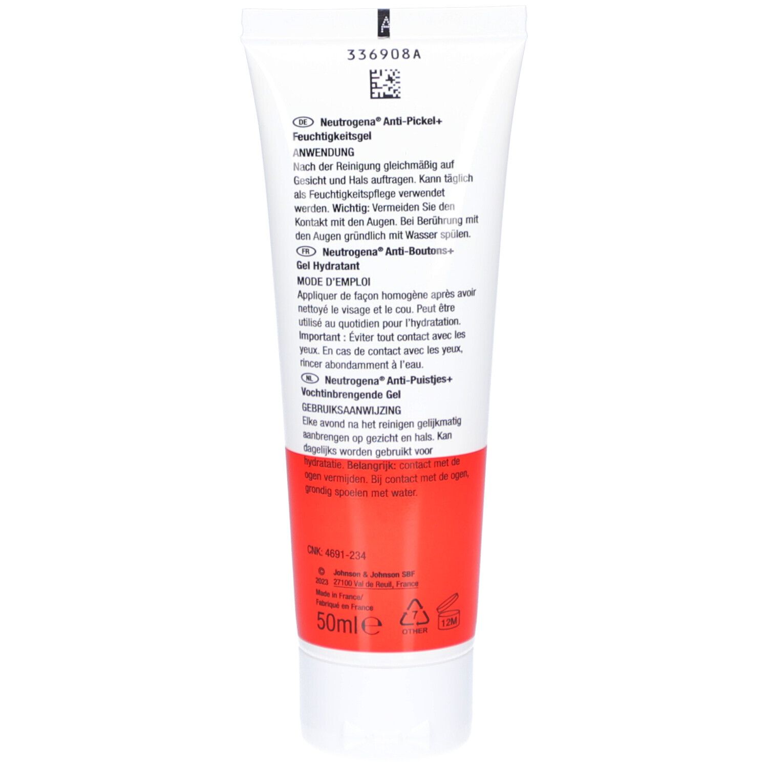 Rückseite der Neutrogena® Anti-Pickel+ Feuchtigkeitsgel Tube. Text in Deutsch, Französisch und Niederländisch. Roter Streifen.