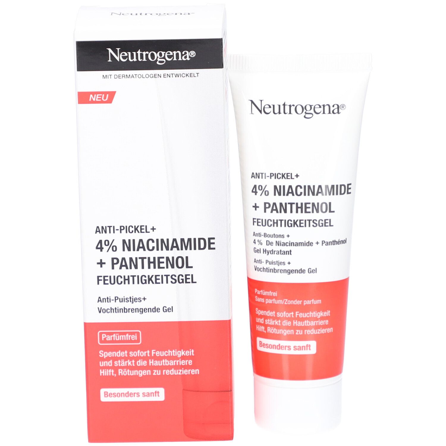 Neutrogena® Anti-Pickel+ Feuchtigkeitsgel und Verpackung. Weiß, mit rotem Akzent. Text: 4% Niacinamide + Panthenol. Marke sichtbar.