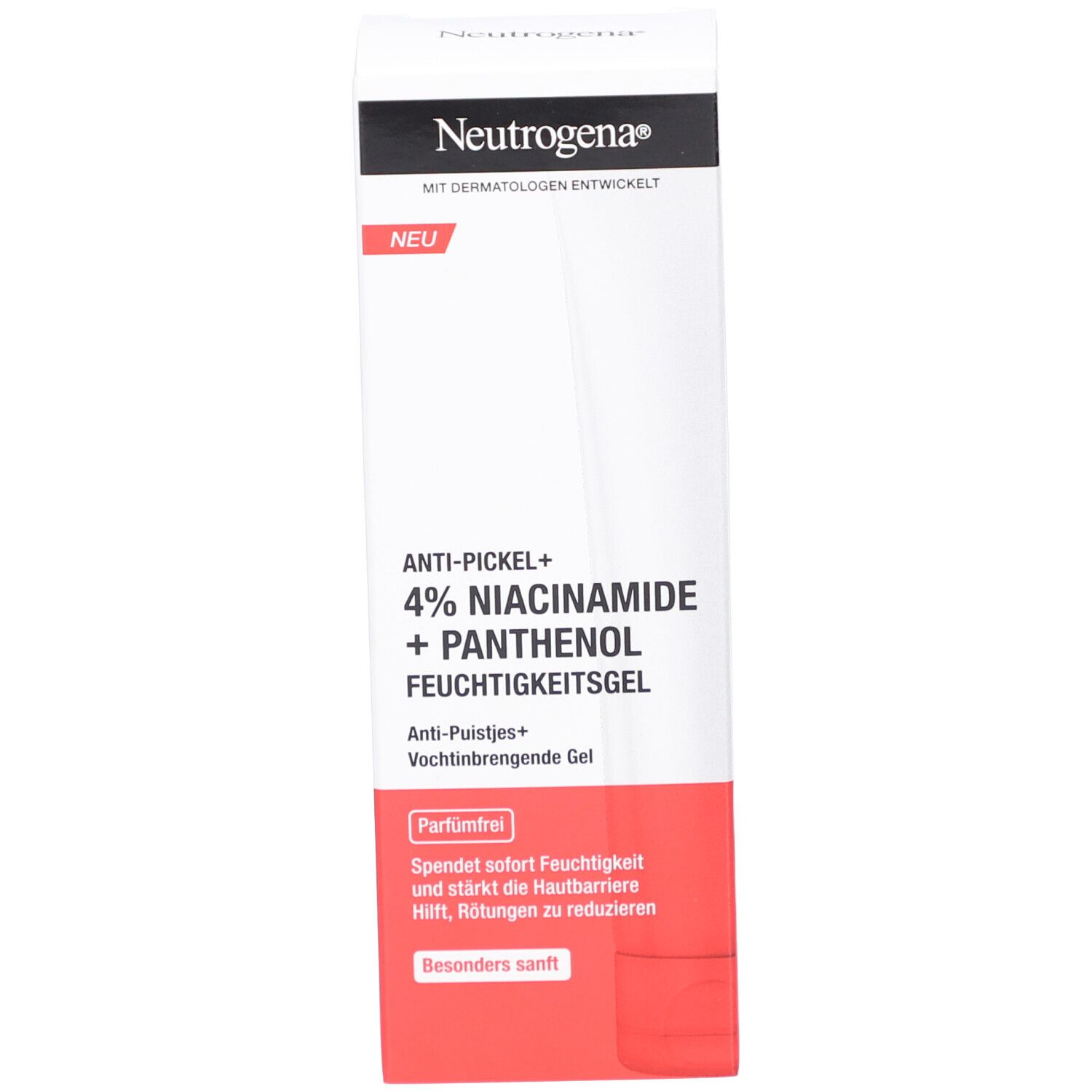 Verpackung von Neutrogena® Anti-Pickel+ Feuchtigkeitsgel. Weiß, roter Akzent. Text: 4% Niacinamide + Panthenol. Marke sichtbar.