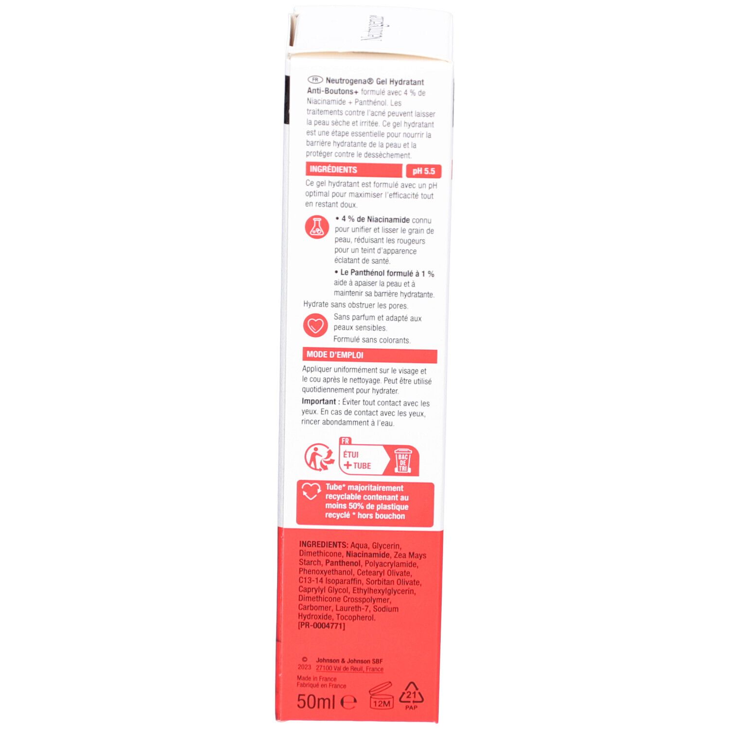 Rückseite der Verpackung von Neutrogena® Anti-Pickel+ Feuchtigkeitsgel. Text in Deutsch, Französisch und Niederländisch. Roter Streifen.