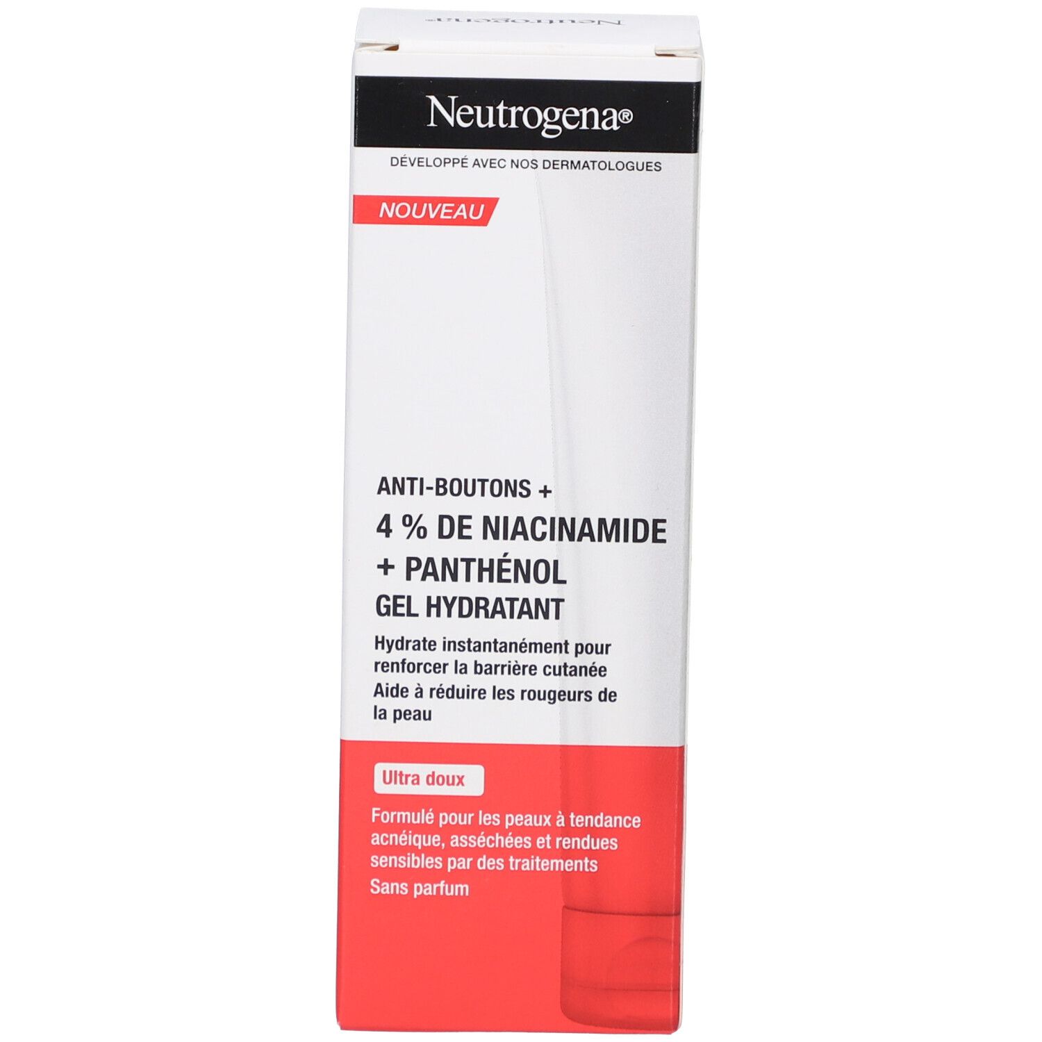Verpackung von Neutrogena® Anti-Pickel+ Feuchtigkeitsgel. Weiß, roter Akzent. Text: 4% Niacinamide + Panthenol. Neu-Label.