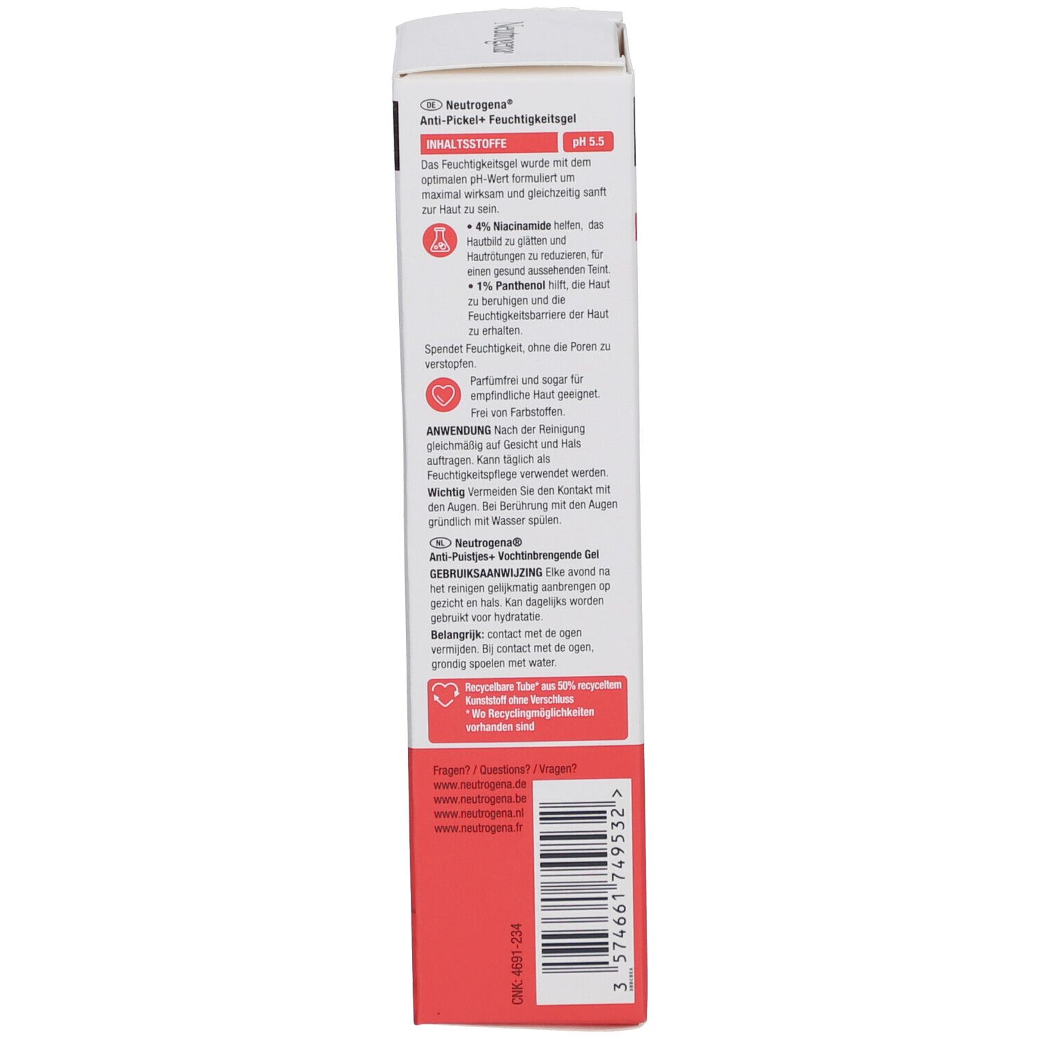 Rückseite der Verpackung von Neutrogena® Anti-Pickel+ Feuchtigkeitsgel. Text in Deutsch, Französisch und Niederländisch. Roter Streifen.