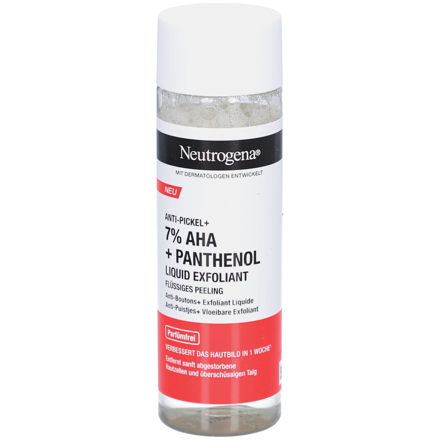 Neutrogena Anti-Pickel+ Flüssiges Peeling. Flasche mit weißem Deckel und rotem Etikett. Text: 7% AHA + Panthenol.