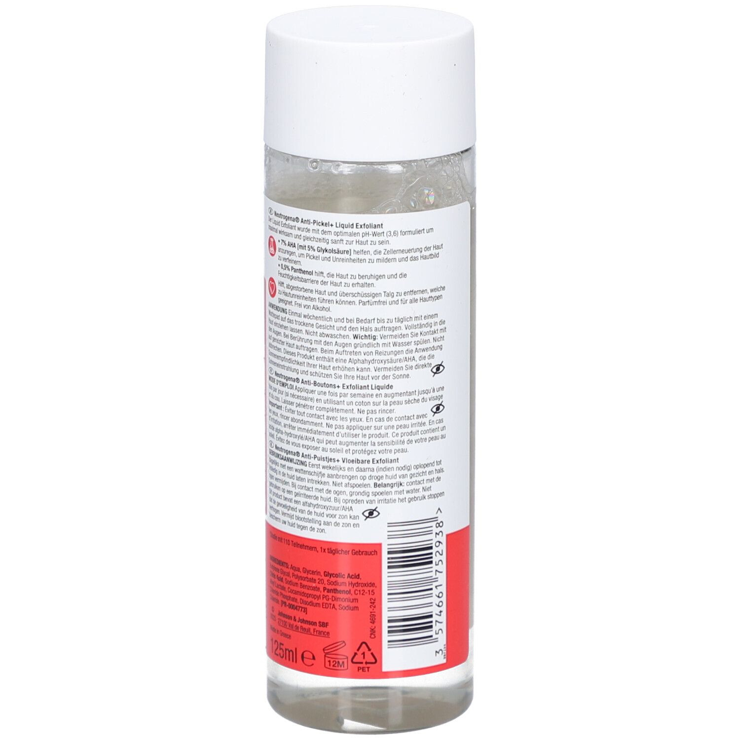 Neutrogena Anti-Pickel+ Flüssiges Peeling. Rückseite der Flasche. Rotes Etikett mit Text. Transparente Flüssigkeit.