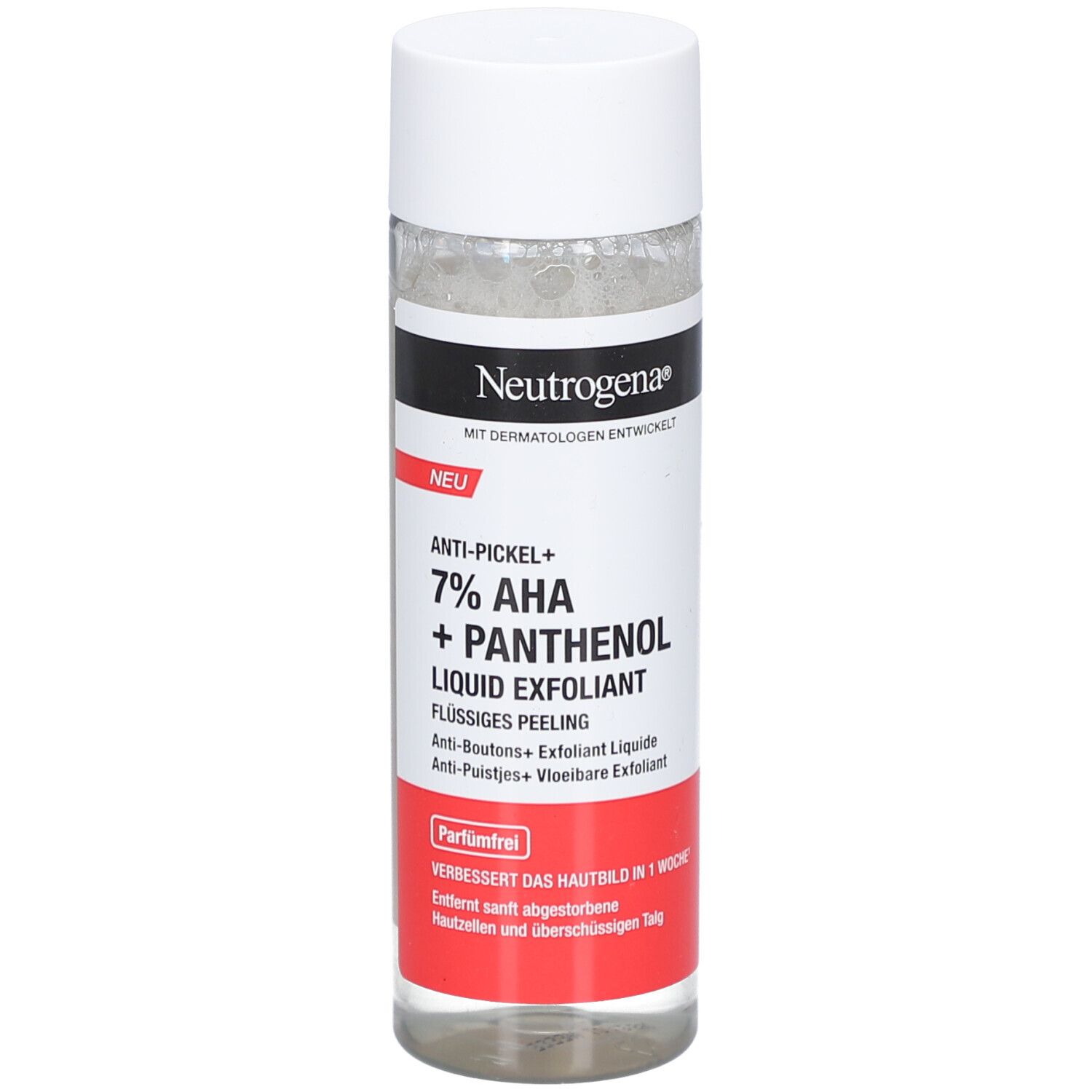 Neutrogena Anti-Pickel+ Flüssiges Peeling. Flasche mit weißem Deckel und rotem Etikett. Text: 7% AHA + Panthenol.