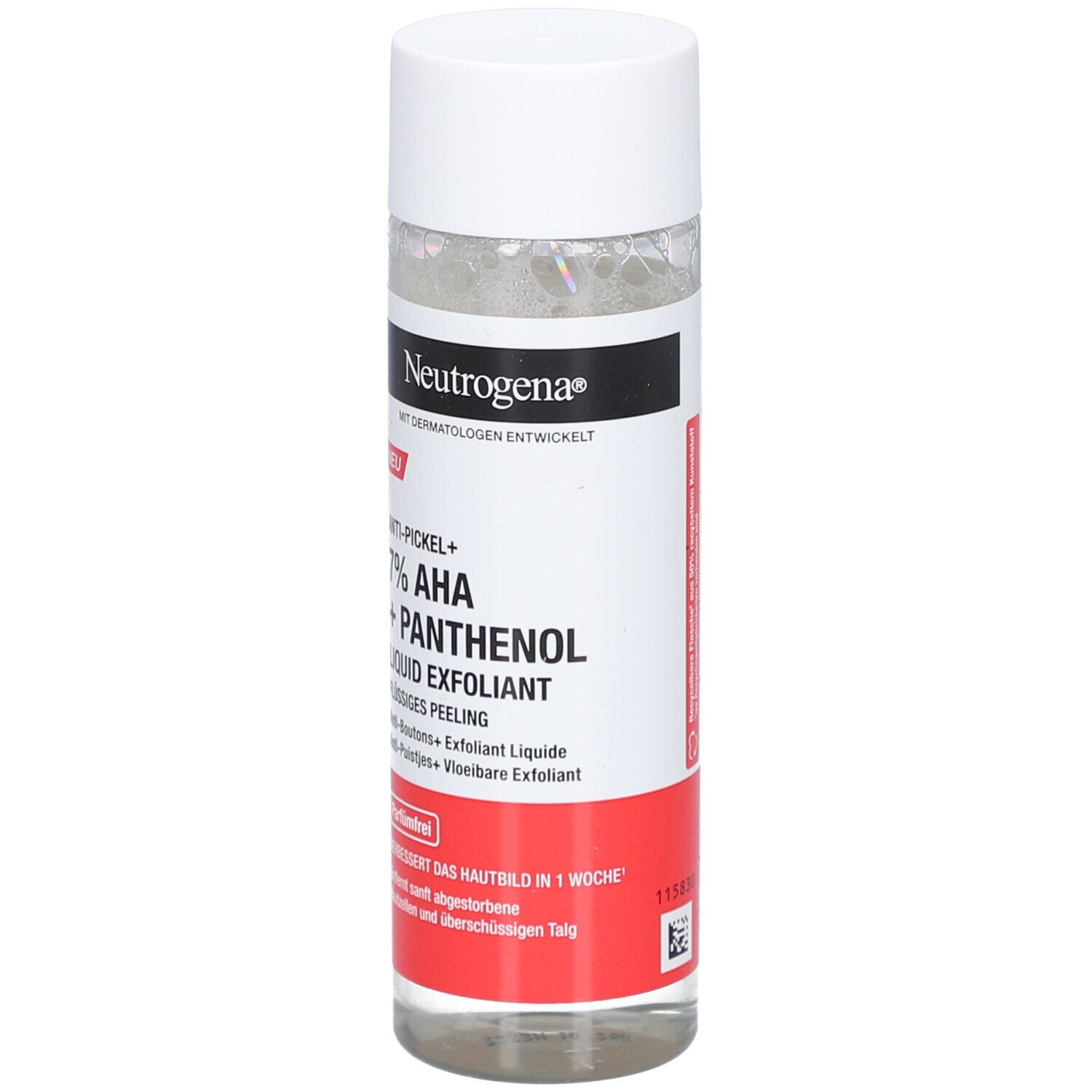 Neutrogena Anti-Pickel+ Flüssiges Peeling. Flasche mit weißem Deckel und rotem Etikett. Text: 7% AHA + Panthenol.