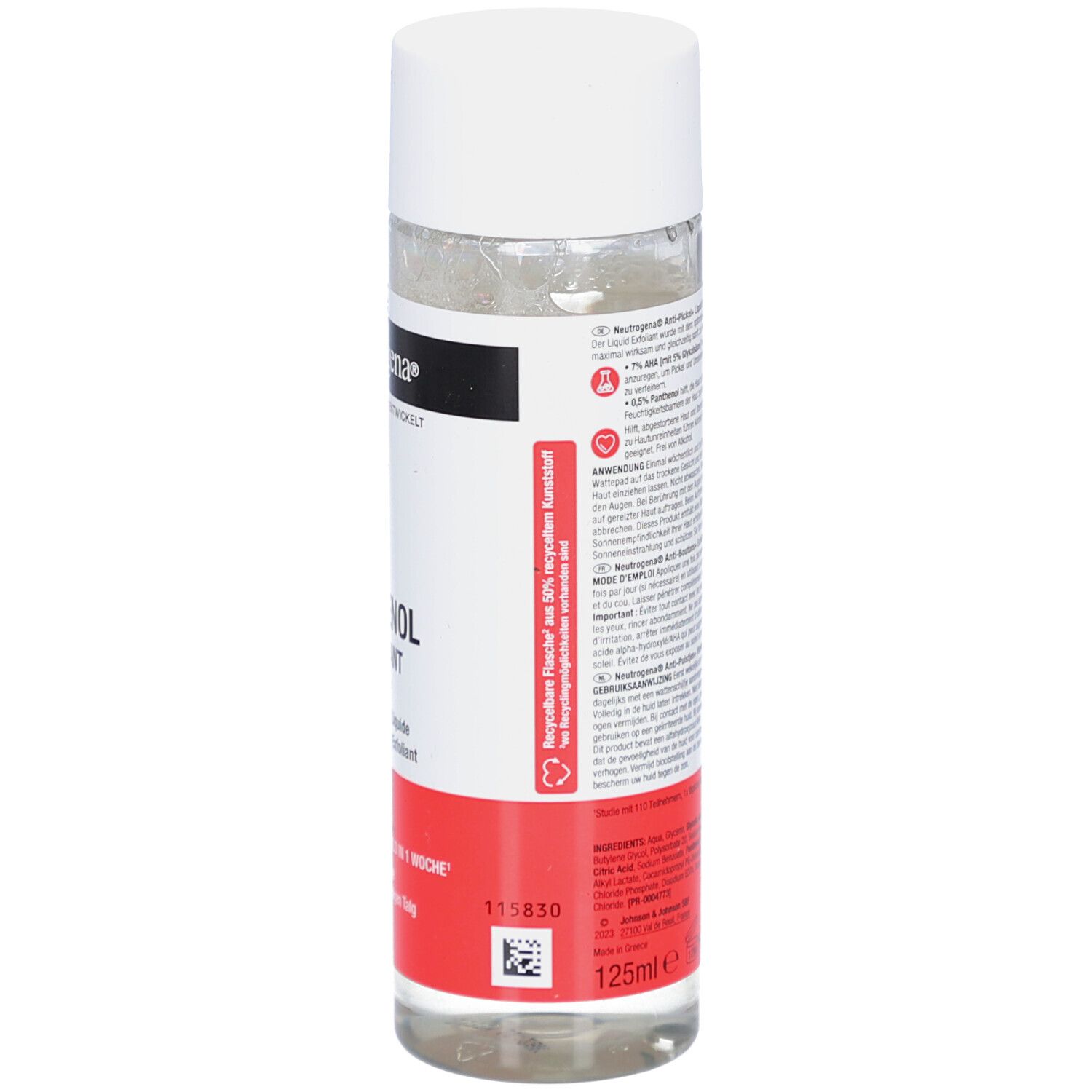 Neutrogena Anti-Pickel+ Flüssiges Peeling. Rückseite der Flasche. Rotes Etikett mit Text. Transparente Flüssigkeit.