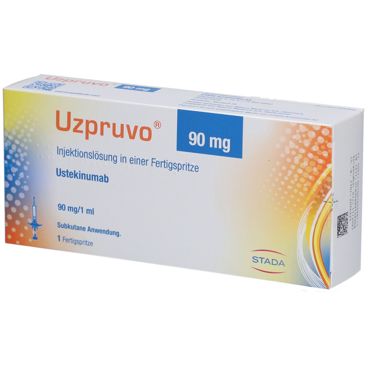 Karton UZPRUVO 90 mg Injektionslösung. Blaue Schrift auf weißem Grund. Fertigspritze-Symbol.
