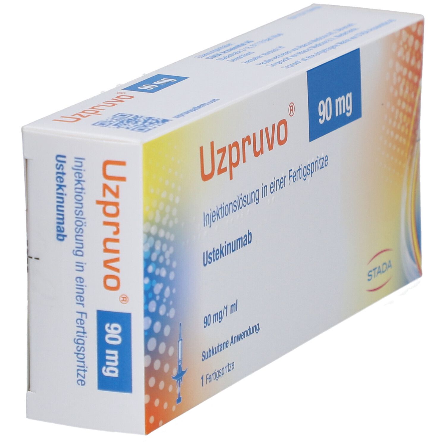 Karton UZPRUVO 90 mg Injektionslösung. Blaue Schrift auf weißem Grund. STADA-Logo.