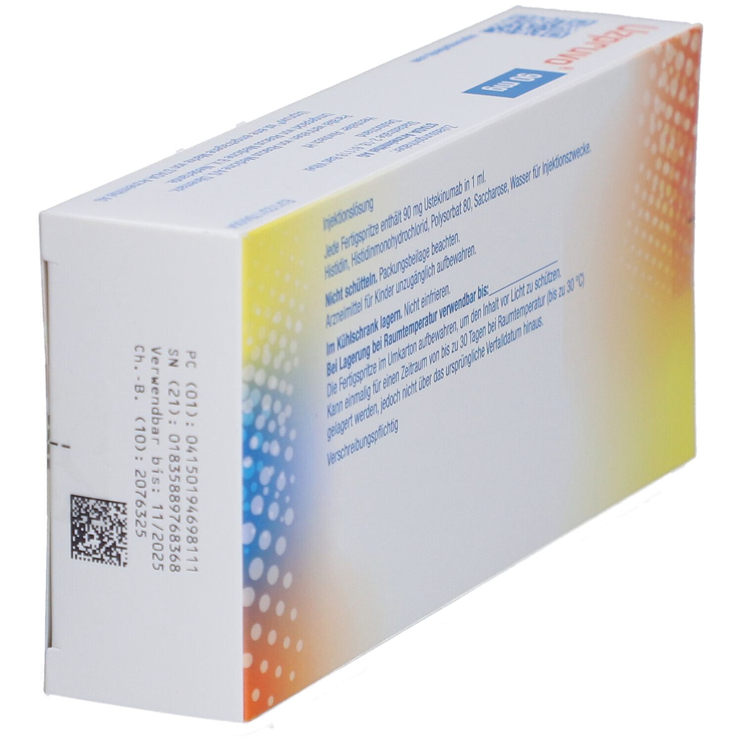 Rückseite der UZPRUVO-Packung. Barcode, Chargennummer und Verfallsdatum sind sichtbar.