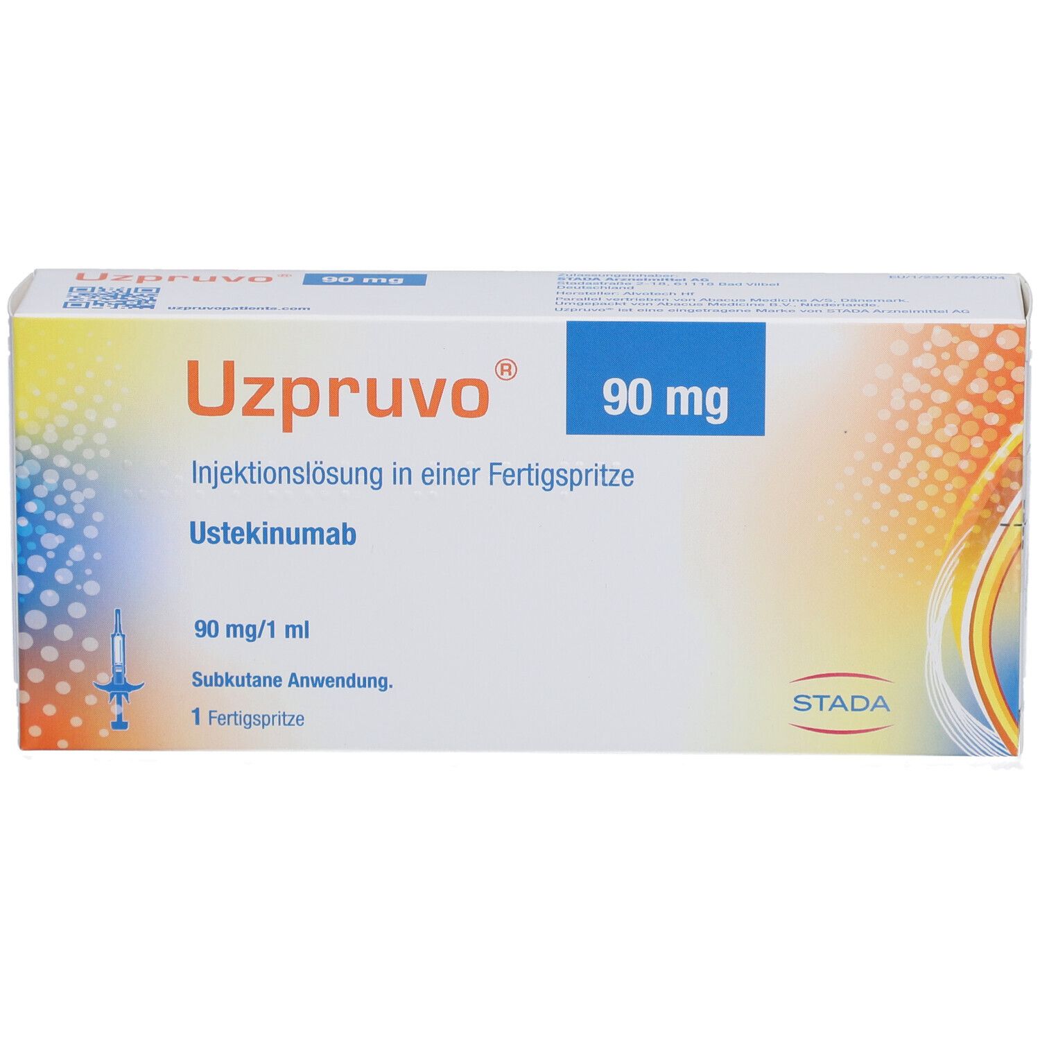 Karton UZPRUVO 90 mg Injektionslösung. Blaue Schrift auf weißem Grund. STADA-Logo.