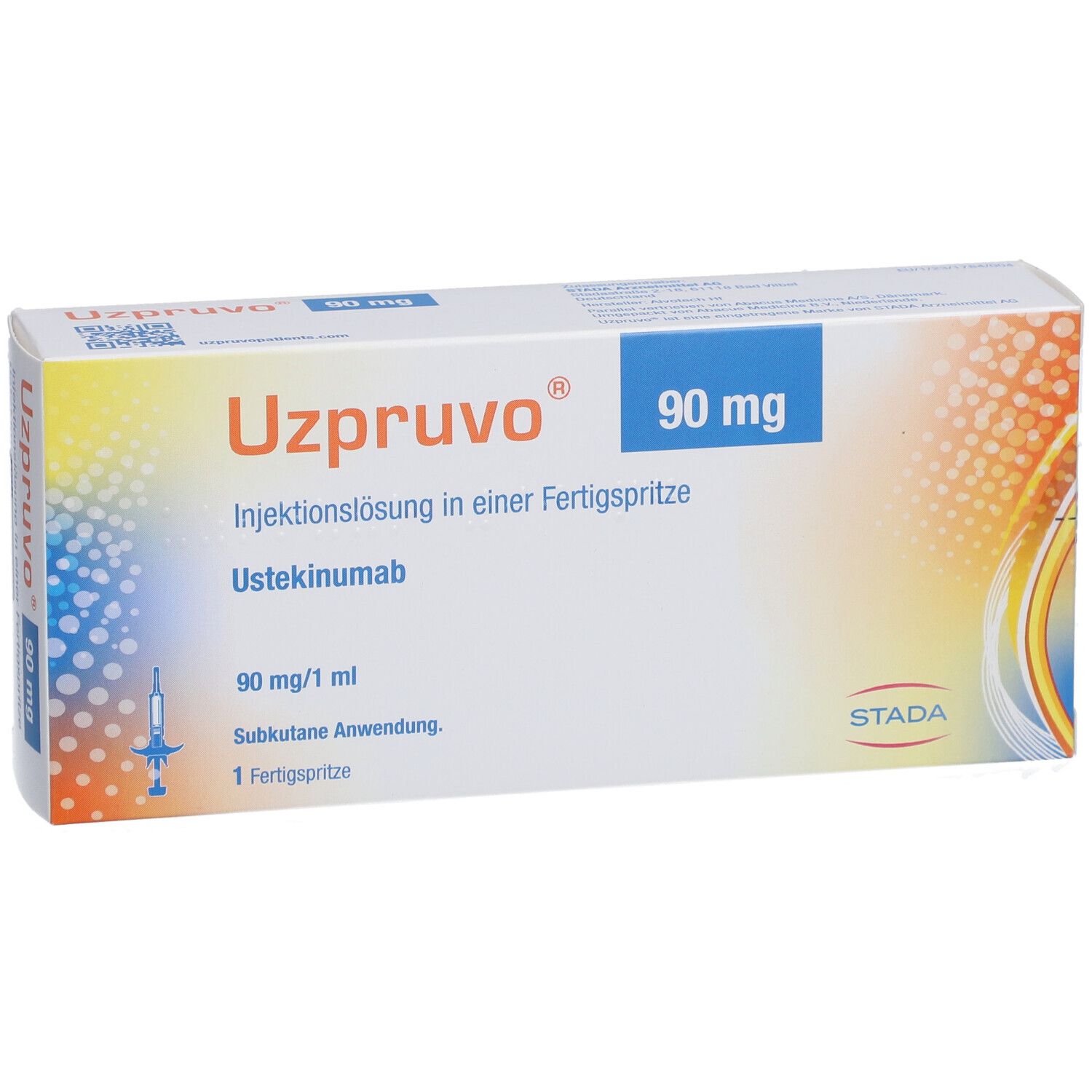 Karton UZPRUVO 90 mg Injektionslösung. Blaue Schrift auf weißem Grund. STADA-Logo.